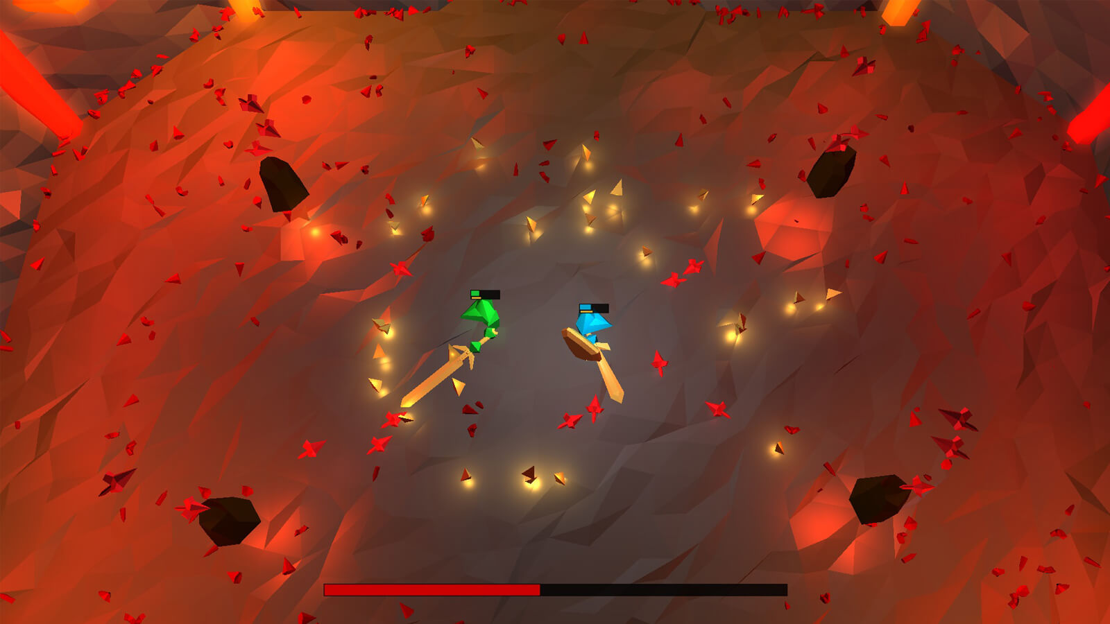 A red and blue player wield large swords in a red cavern.