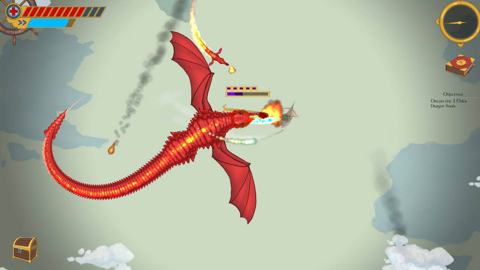 A red dragon breathing fire flies next to a much smaller red dragon also breathing fire, both attacking your airship.