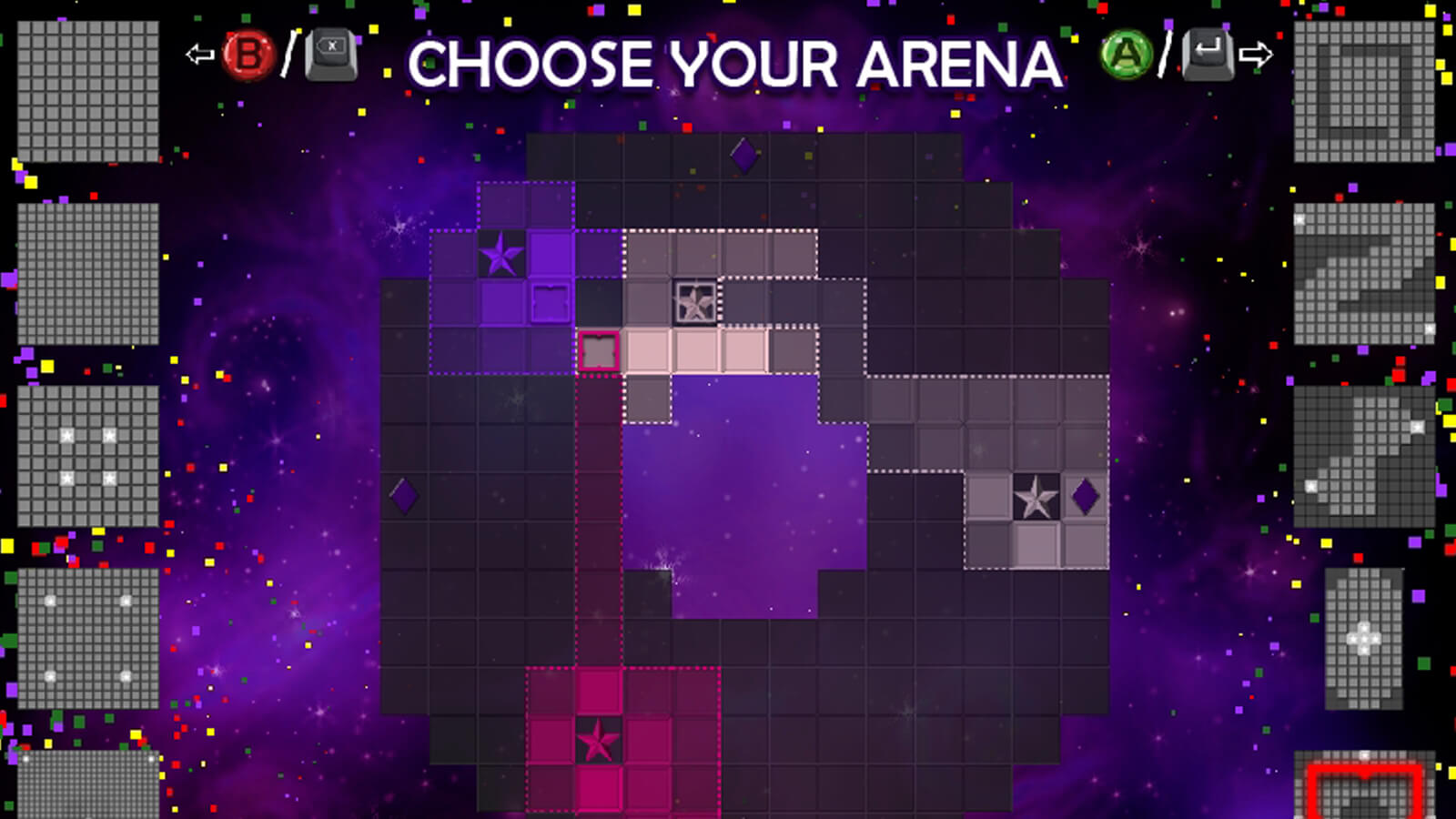 Pink, purple, and grey squares compete for grid space. 
