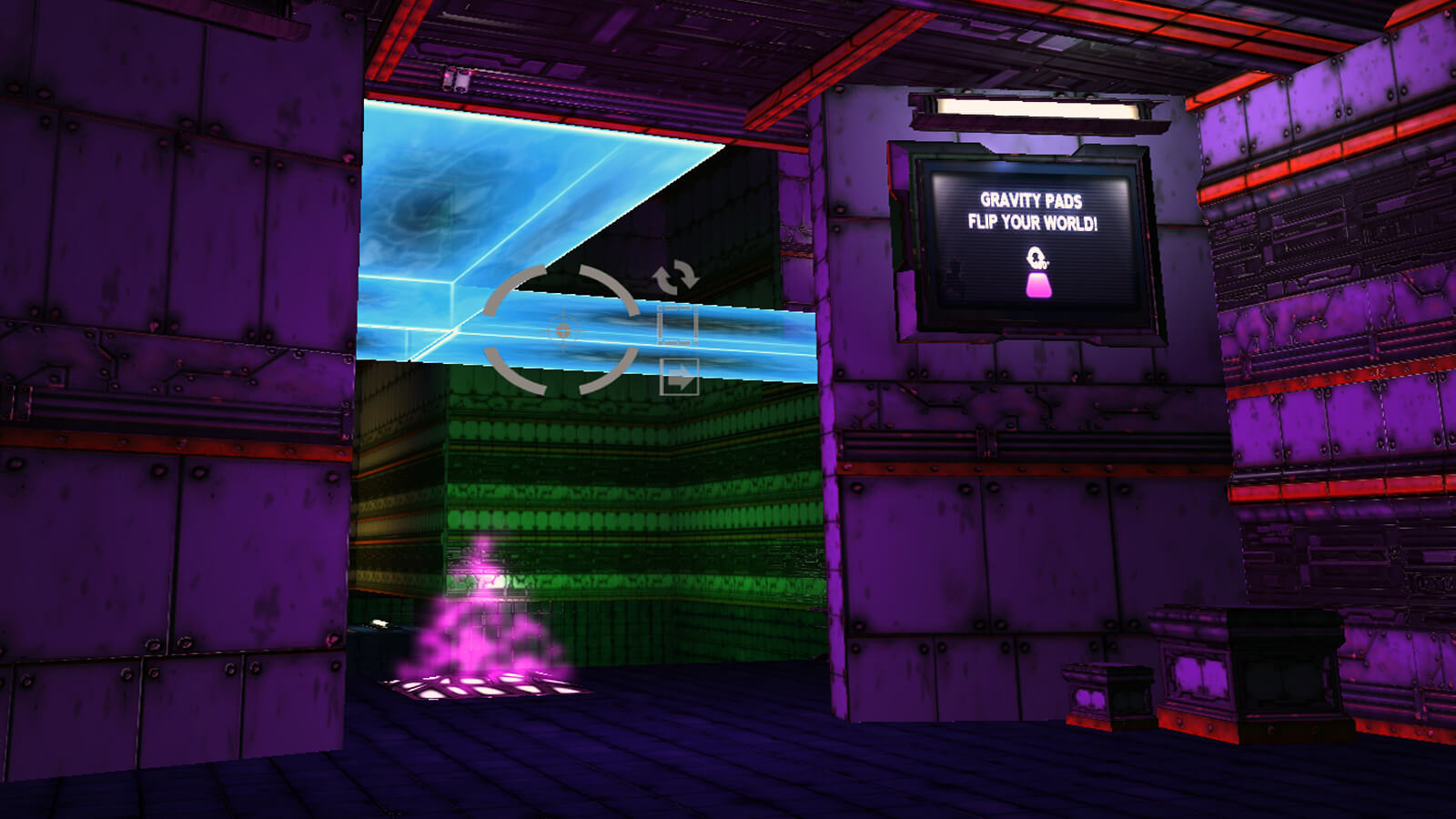 A purple room with a sign that reads "gravity pads flip your world!" 
