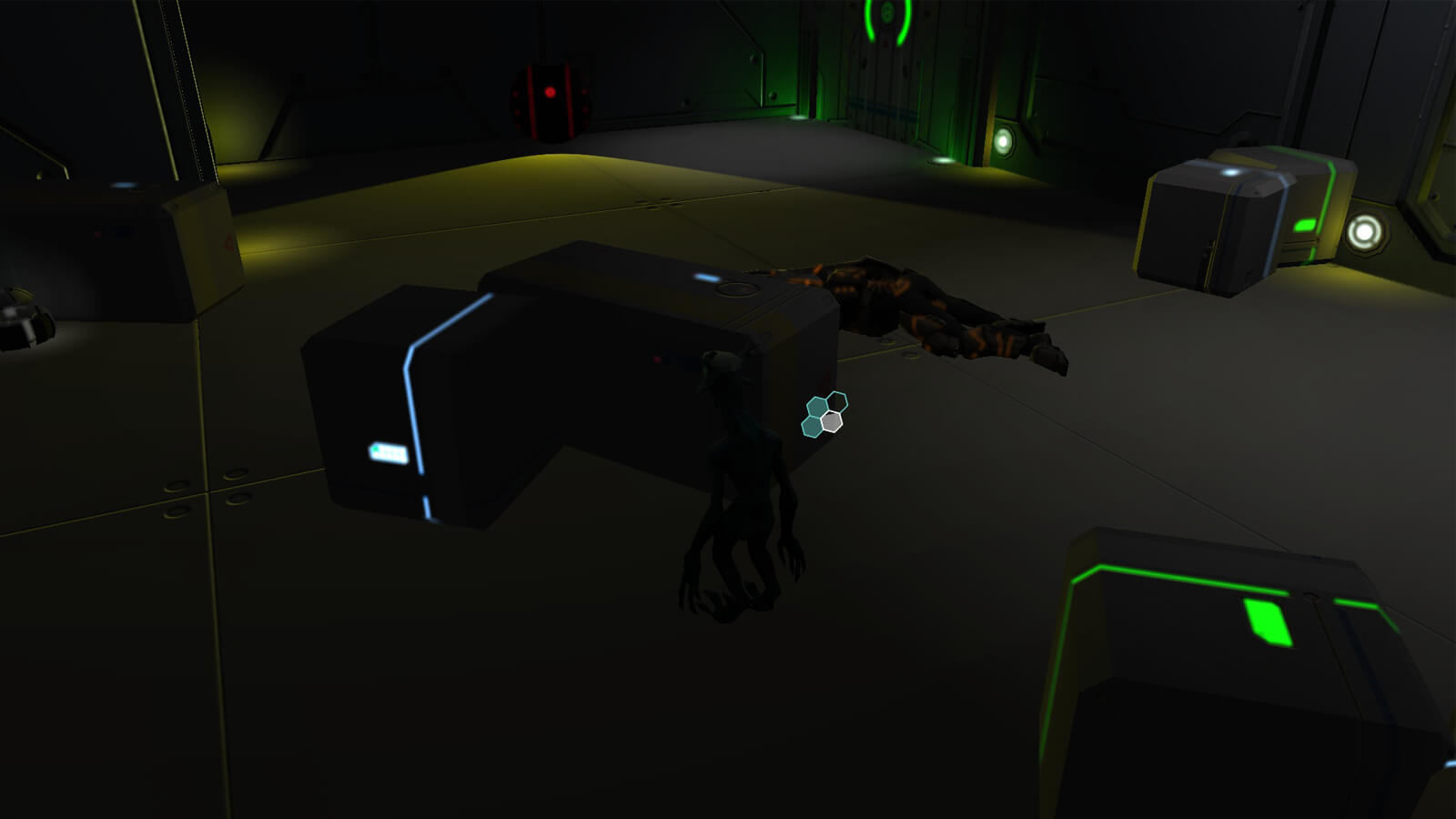 An alien hides behind a glowing box in the darkness, a dead soldier's body in the foreground. 