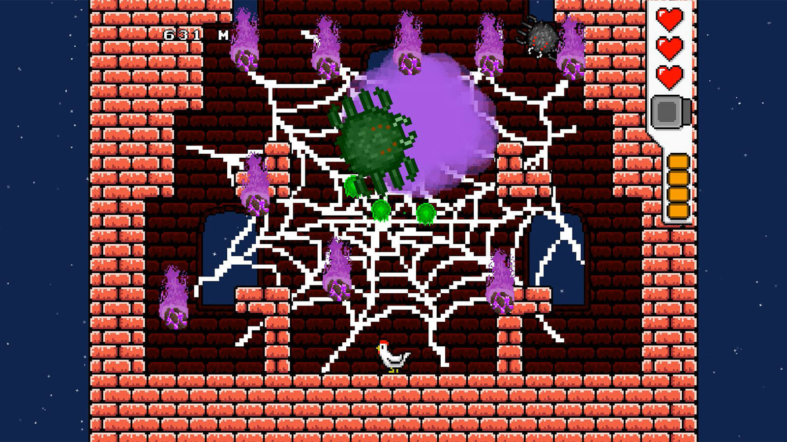 A chicken stands at the bottom of a tower as a giant green spider shoots fireballs and meteors. 