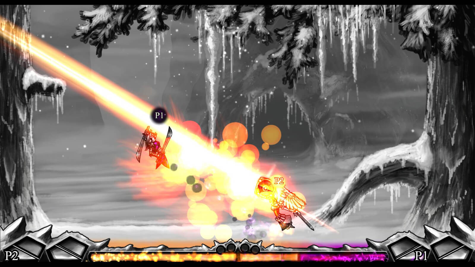 A winged character blasts their opponent with an orange beam of light.