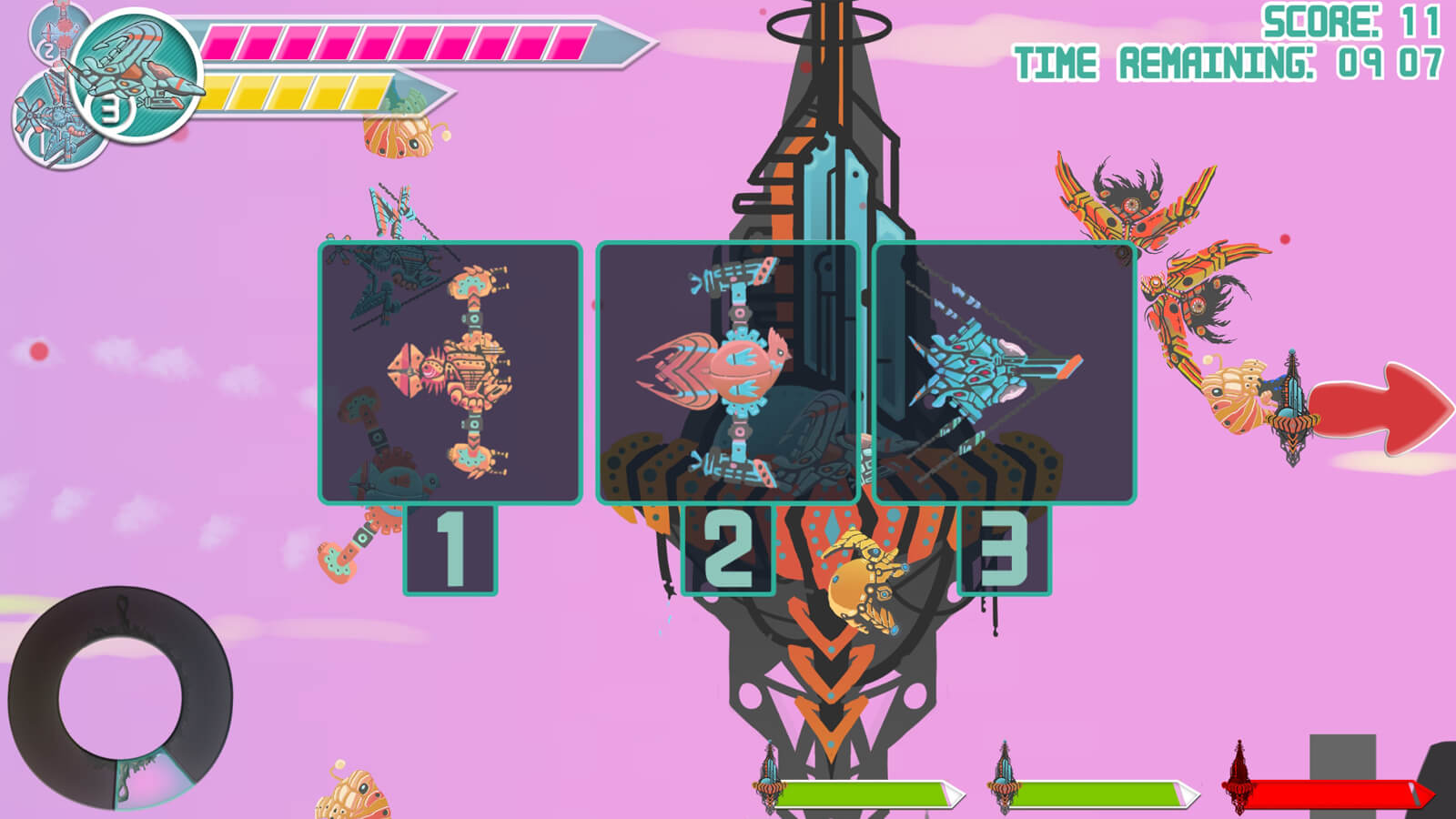 A selection screen showing the three alien spaceships the player can choose from. 