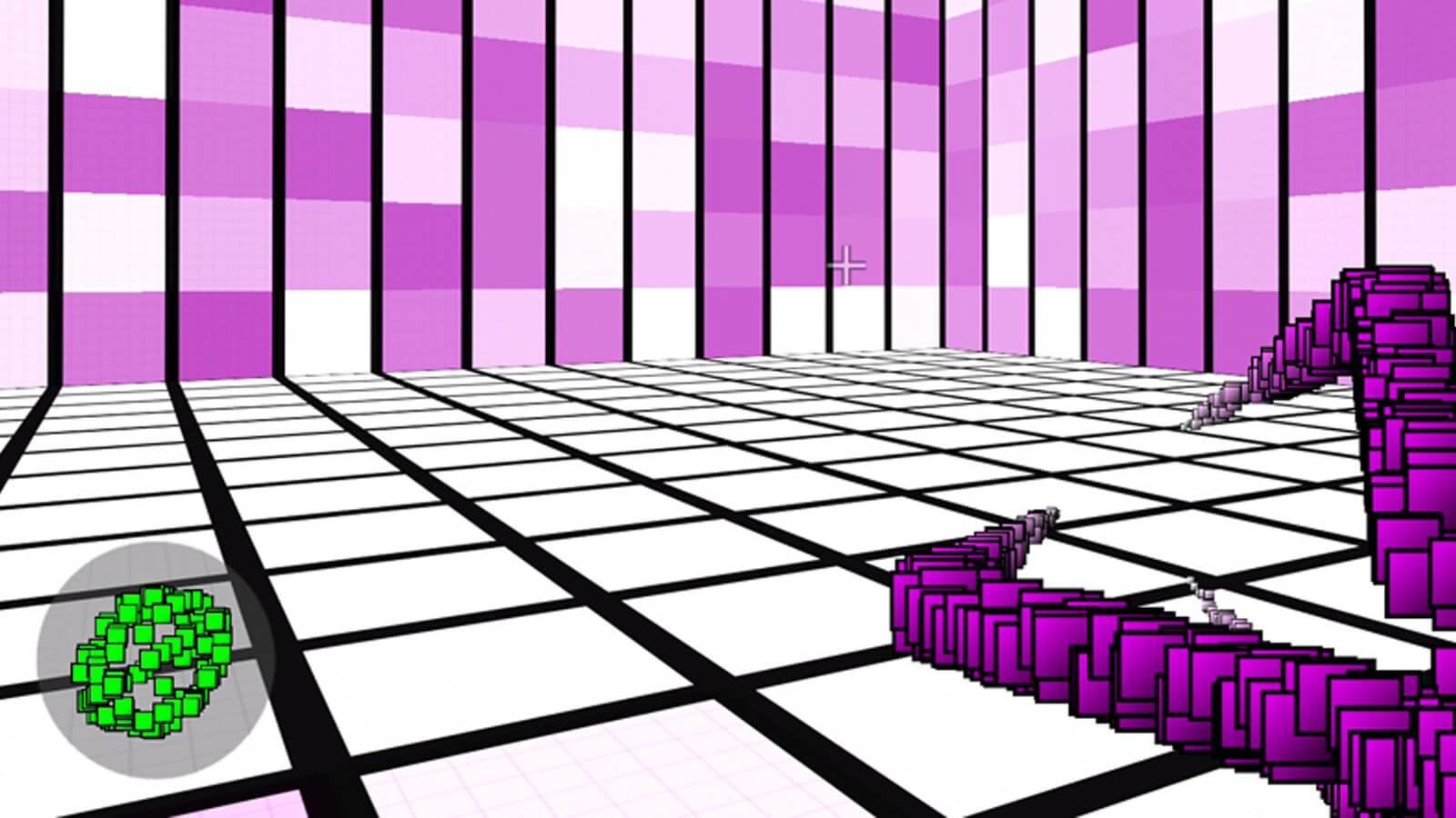 A grid-based room composed of white, pink, and purple squares