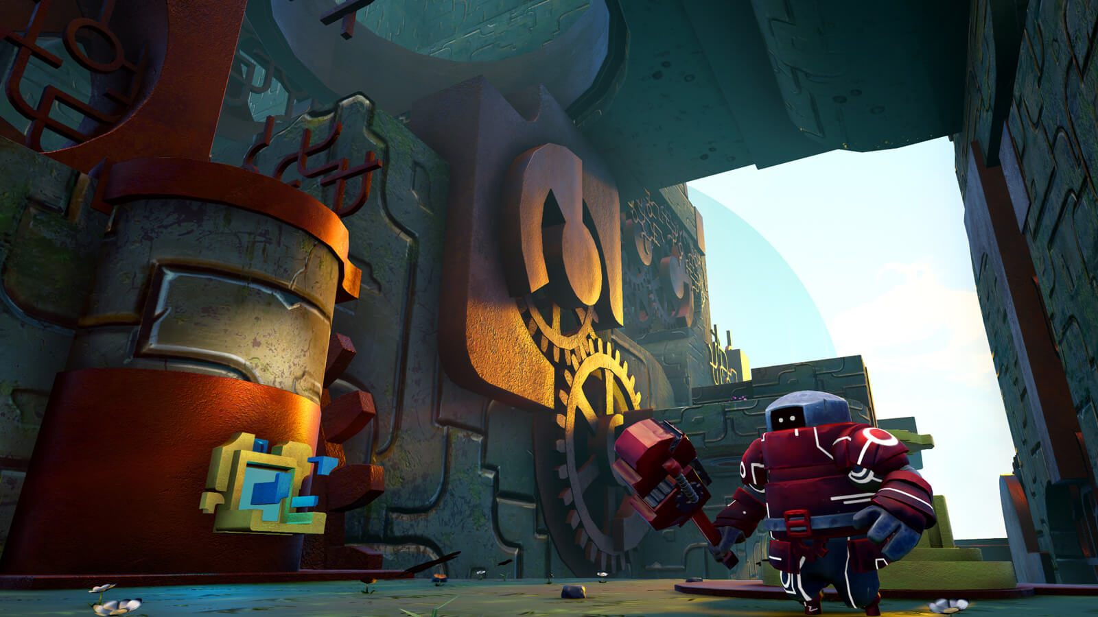 A red robot guardian wields a blocky red wrench in a stone tunnel covered with large gears. 
