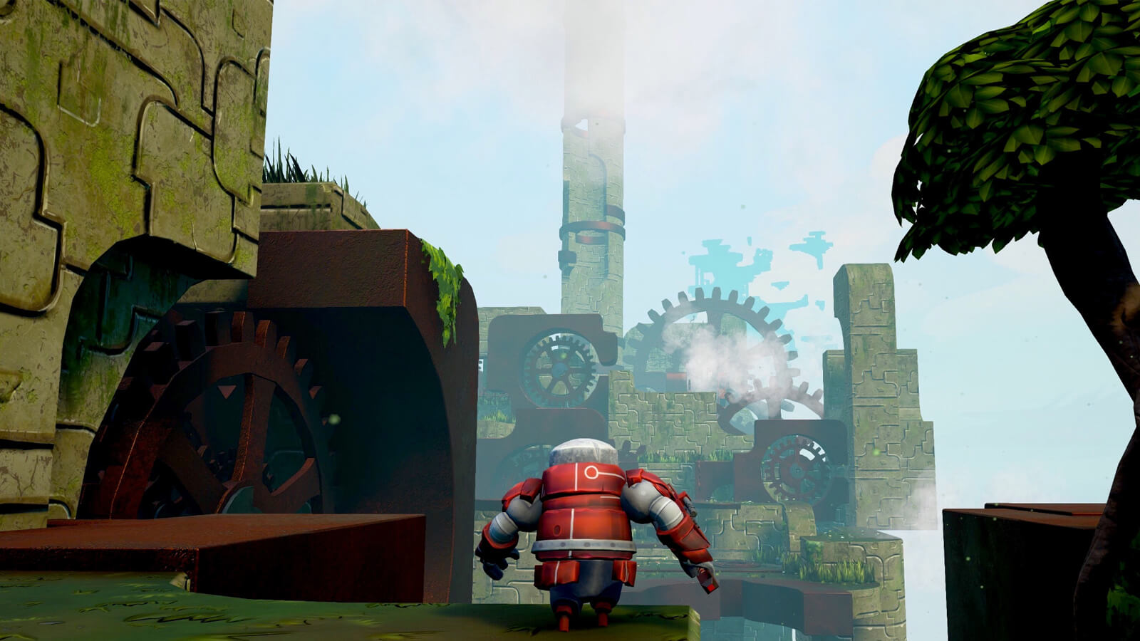 A red robot approaches the edge of a platform, an enormous, gear-powered stone structure in the distance. 