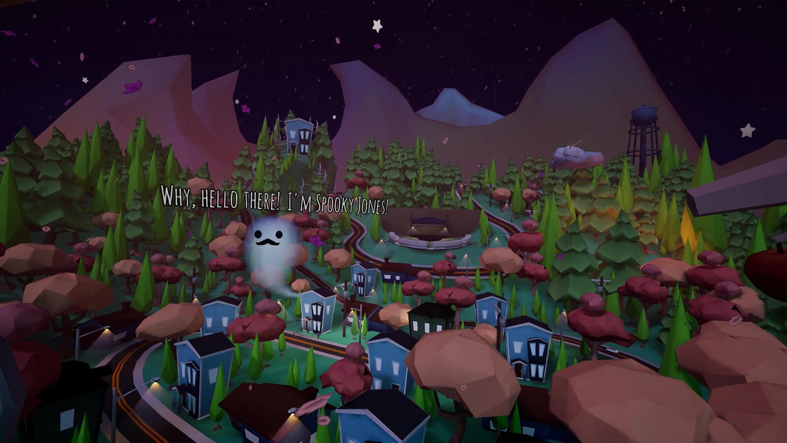 Spooky Jones the ghost greets the player hovering high above Redleaf Hollow. 