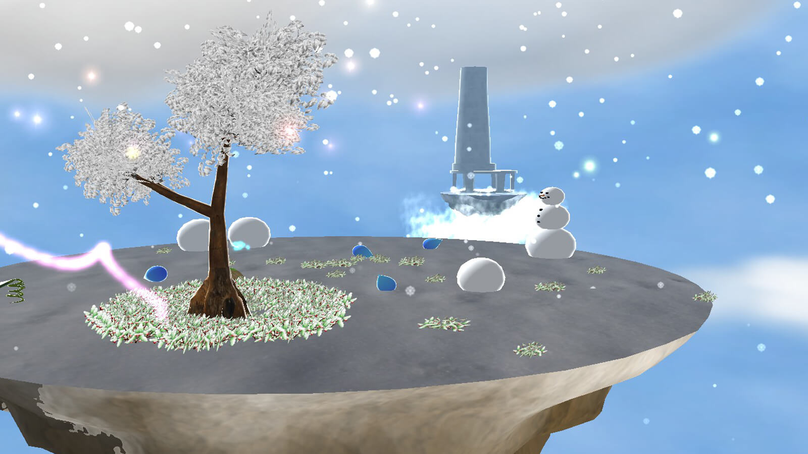 A floating island covered in snow, with a tree and a snowman.