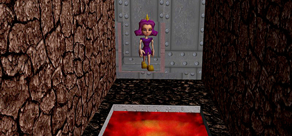 Princess No-Knees walks through a metal door and approaches a lava pit.