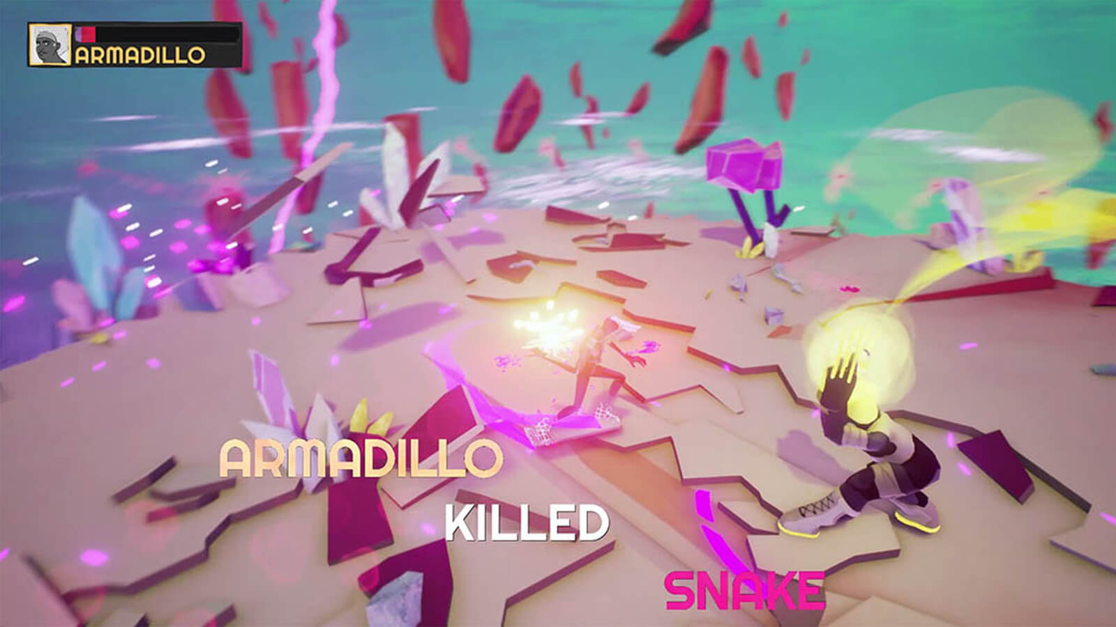 Two players battle each other, the words "Armadillo killed snake" in the foreground.