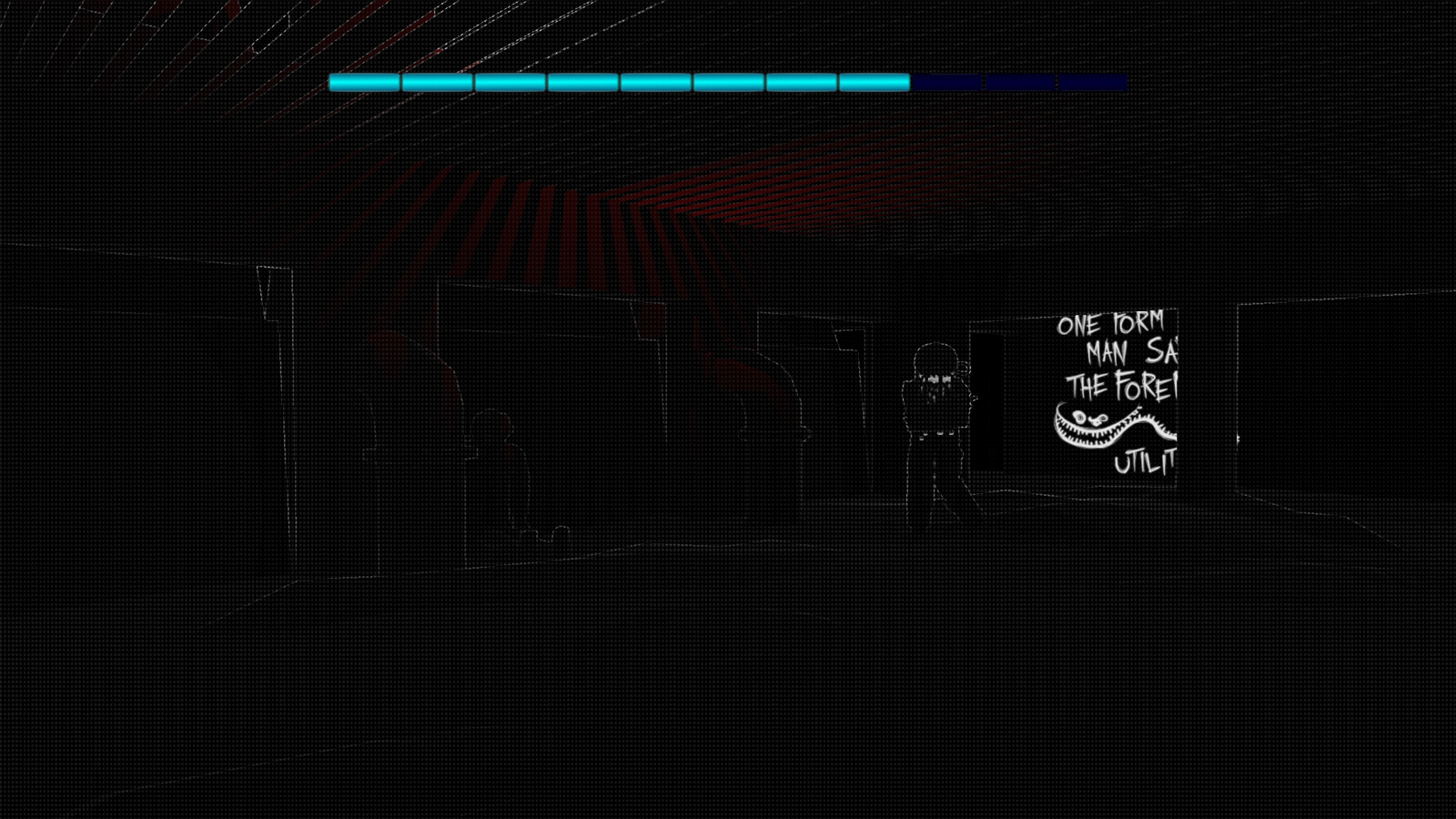 A dark room with the sonar outline of a monster in the distance and writing on the wall. 