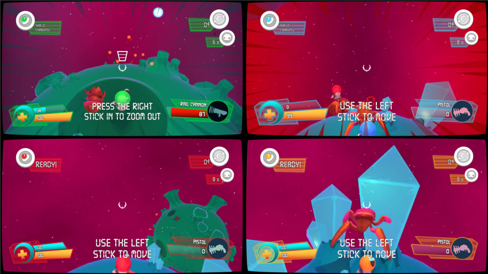 Four players compete in splitscreen multiplayer mode.