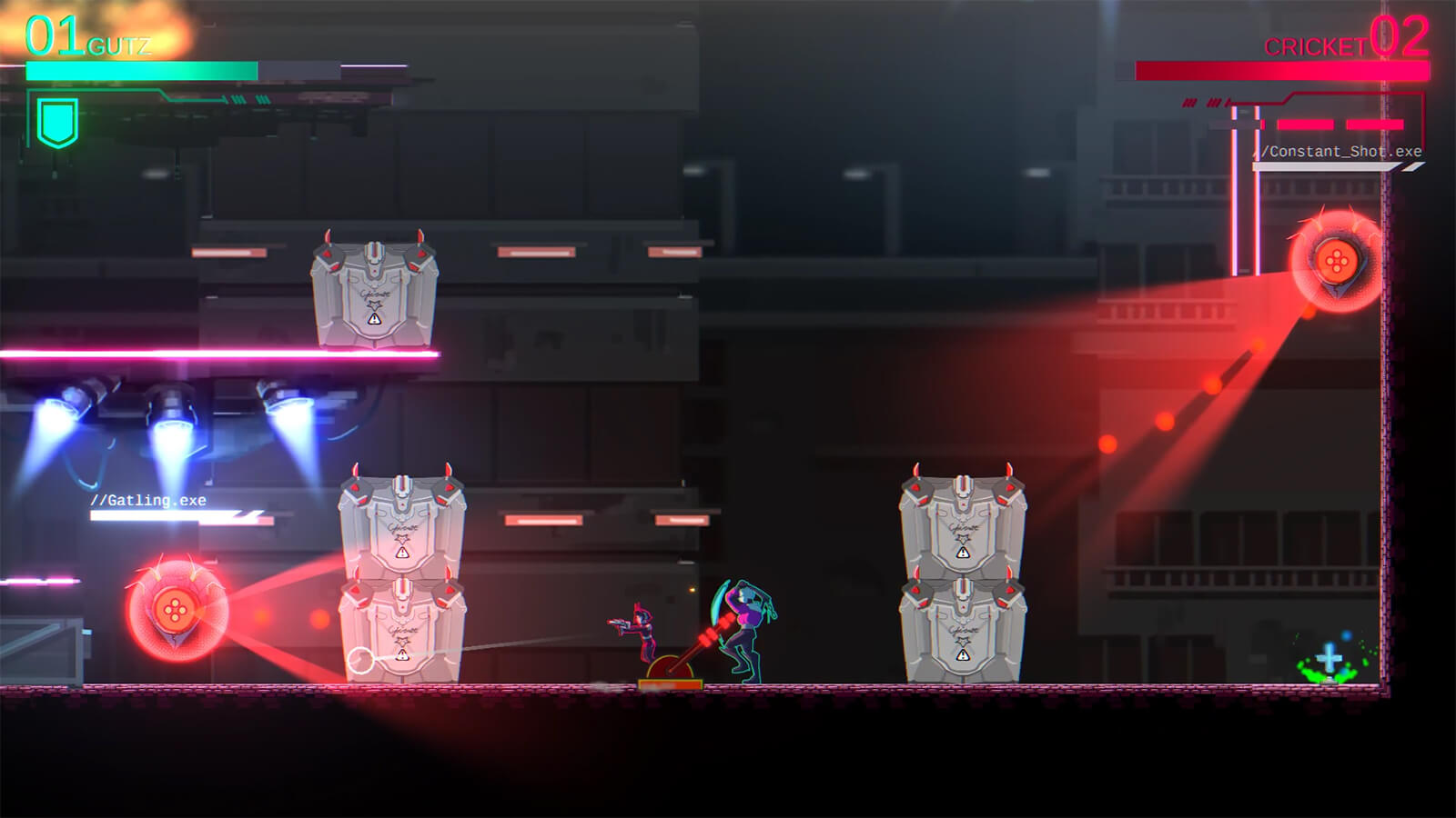 Two characters stand near a switch lever, surrounded by metal crates and pulse-firing enemy drones.