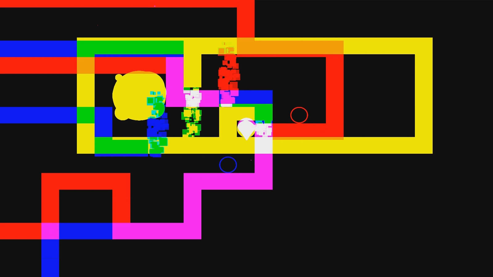 A yellow blob and three disintegrating figures within a multicolored box of varying colors.