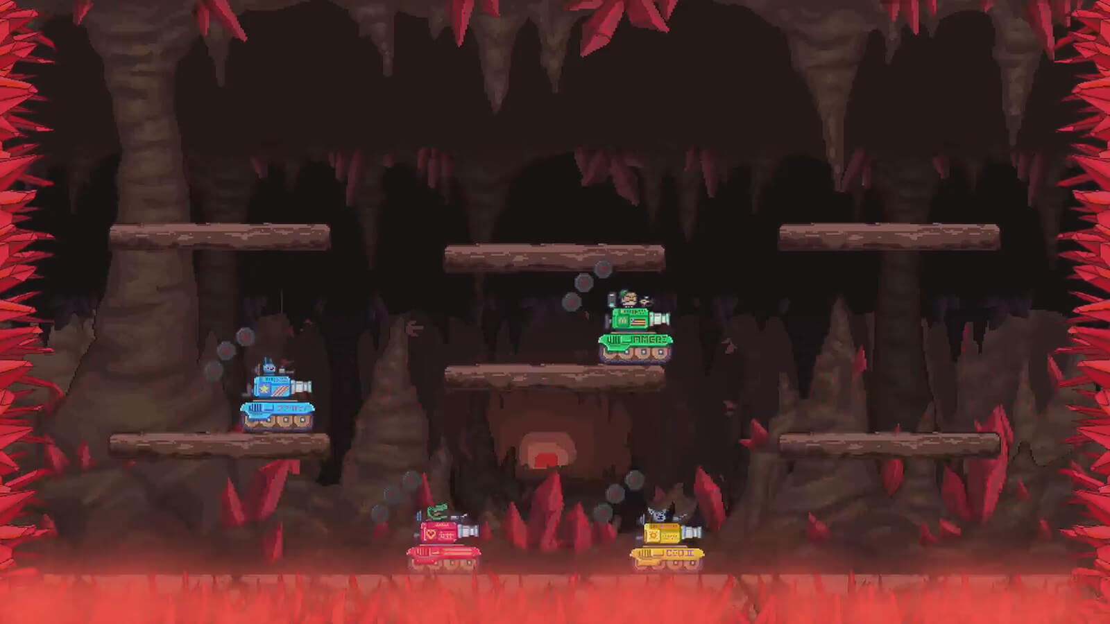 A green, yellow, blue and red tank fight in a room of sharp red crystals.