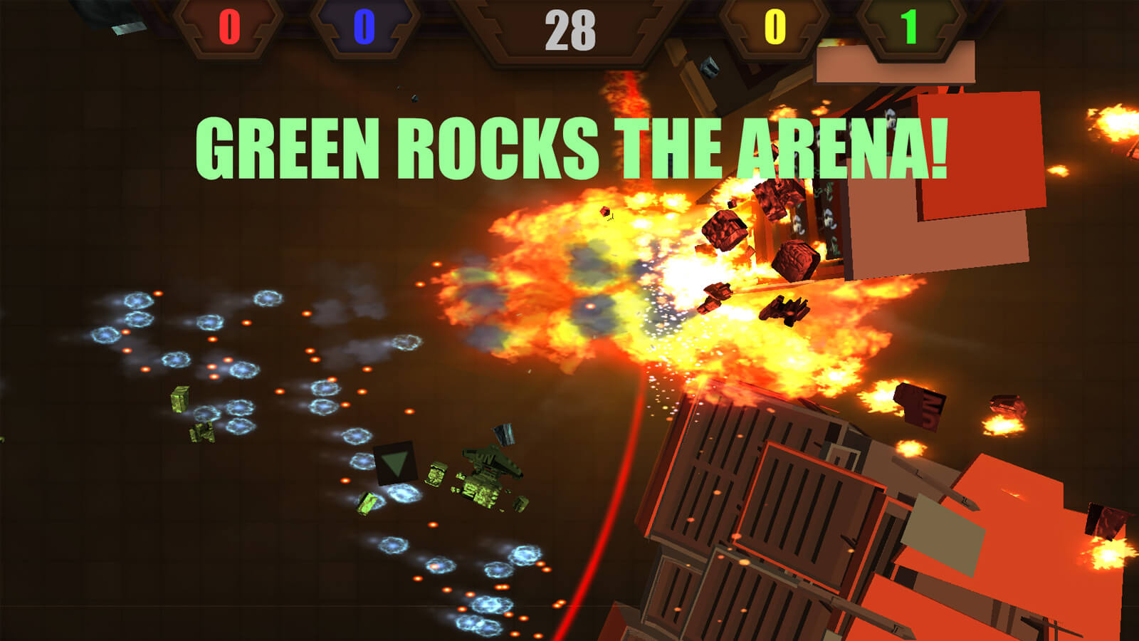 An explosion blows bits of vehicle parts in the air with the words "GREEN ROCKS THE ARENA" on the screen.