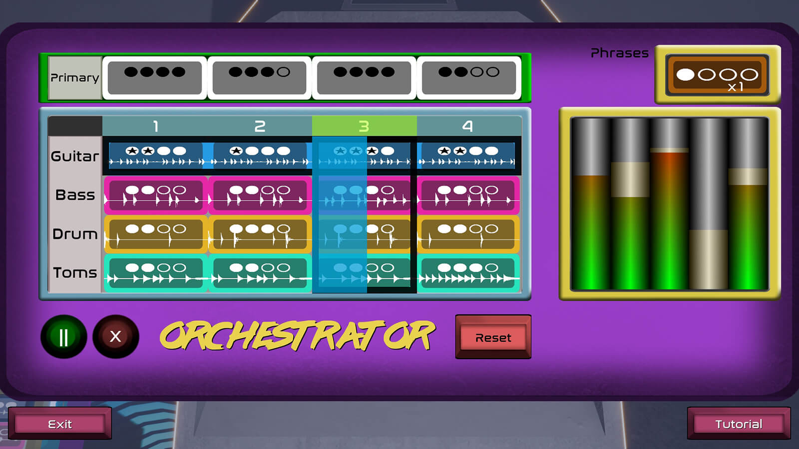 A menu called the "Orchestrator" showing instrument based phrases the player can use to attack enemies. 