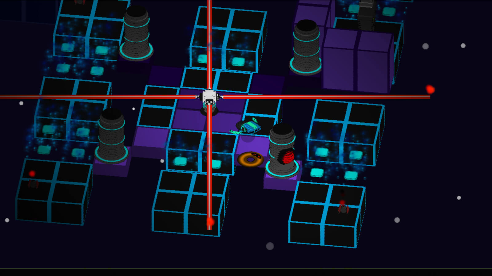 A laser turret shoots beams in four directions at once in a grid-like cybernetic world.
