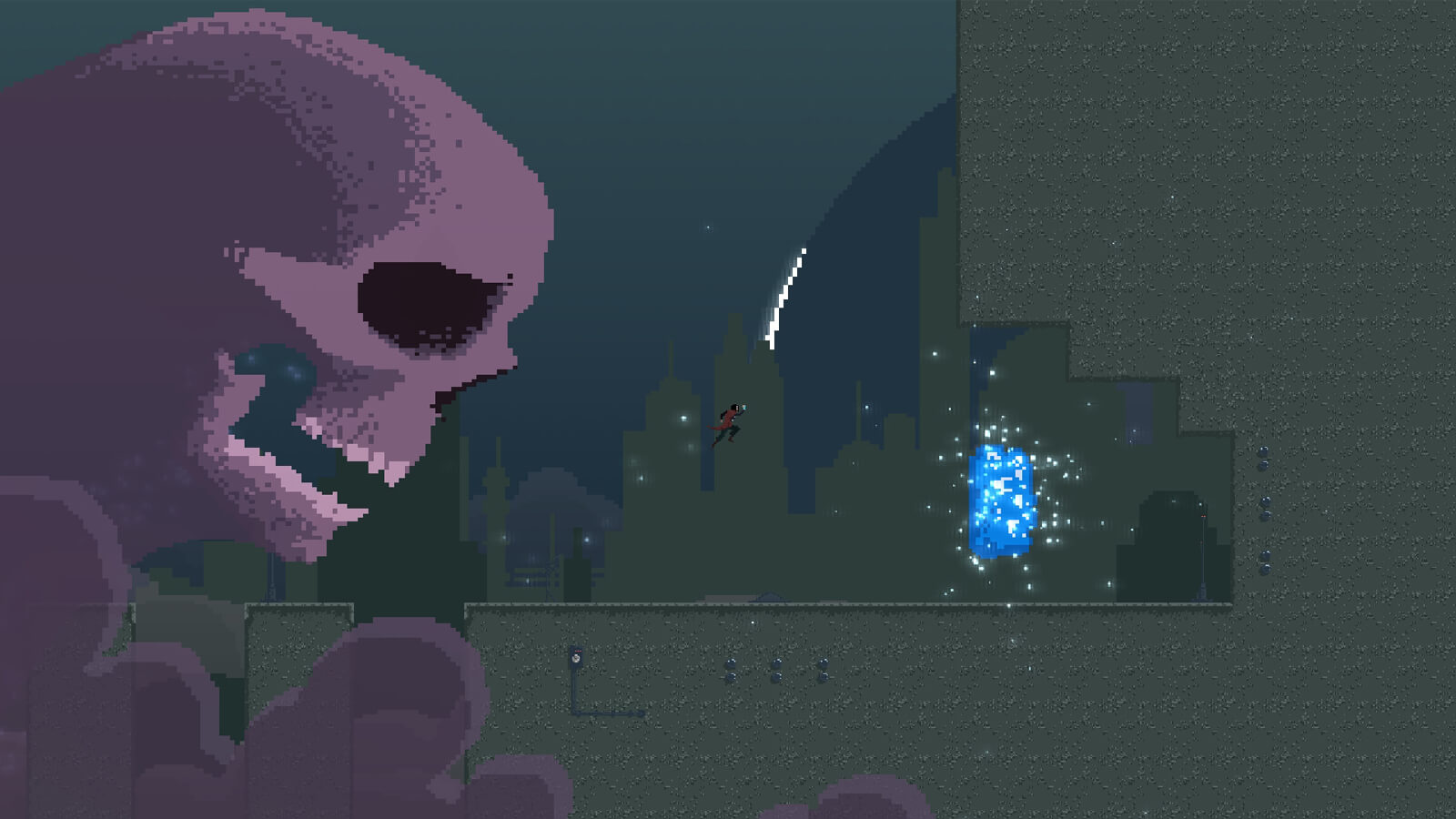 Polaris jumps towards a glistening blue object as a large skull pursues. 