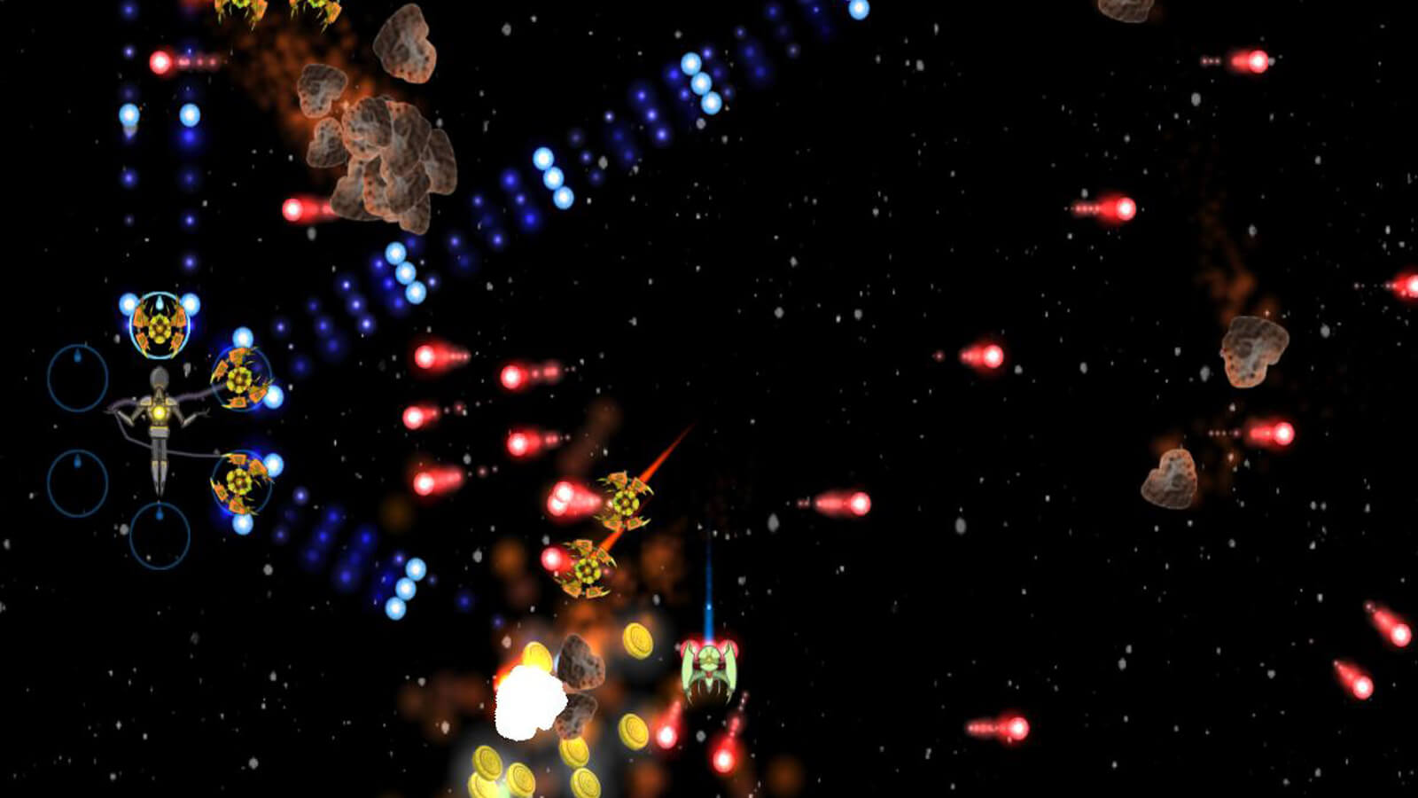 A humanoid controlling three ships shoots at enemy ships with blue beams.