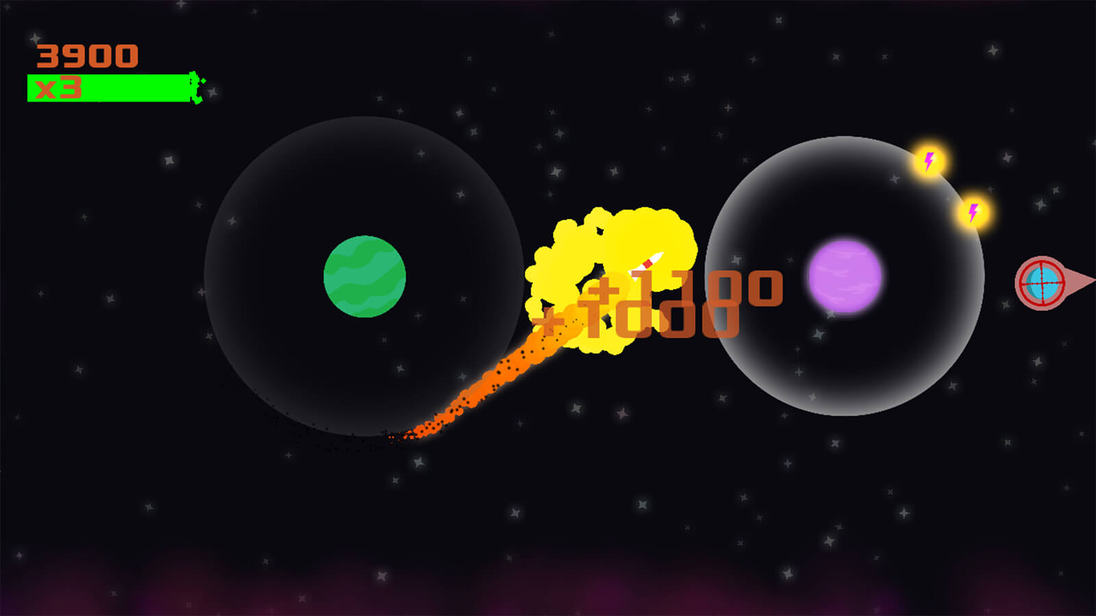 A rocket blasts from a green planet to a pink one, collecting power ups and points in between.