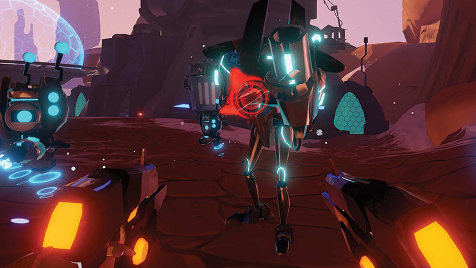 A top-heavy robot with guns for arms approaches the dual-wielding player. 