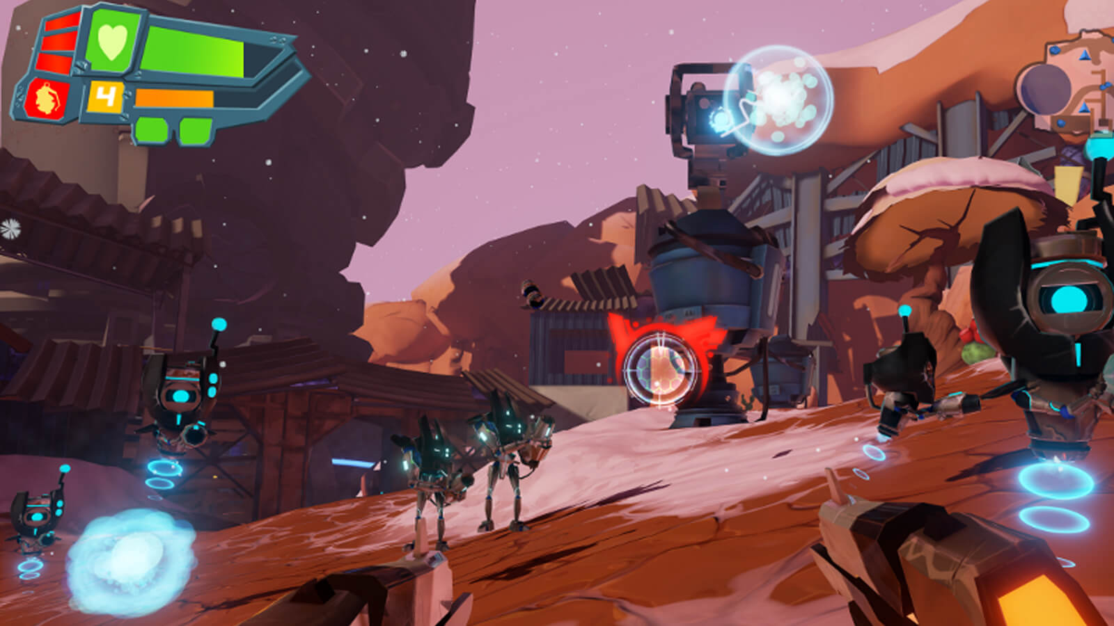 Robots surround the dual-wielding player in a rickety, futuristic landscape.