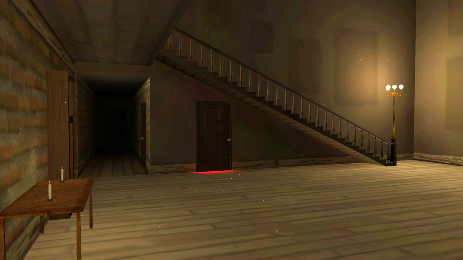 A large empty room with marks where paintings used to hang. Red light emanates from the bottom of a closed door.