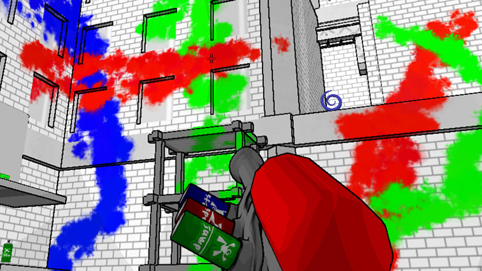 A spray paint gun points at a grey brick building covered in splotches of blue, red and green paint. 