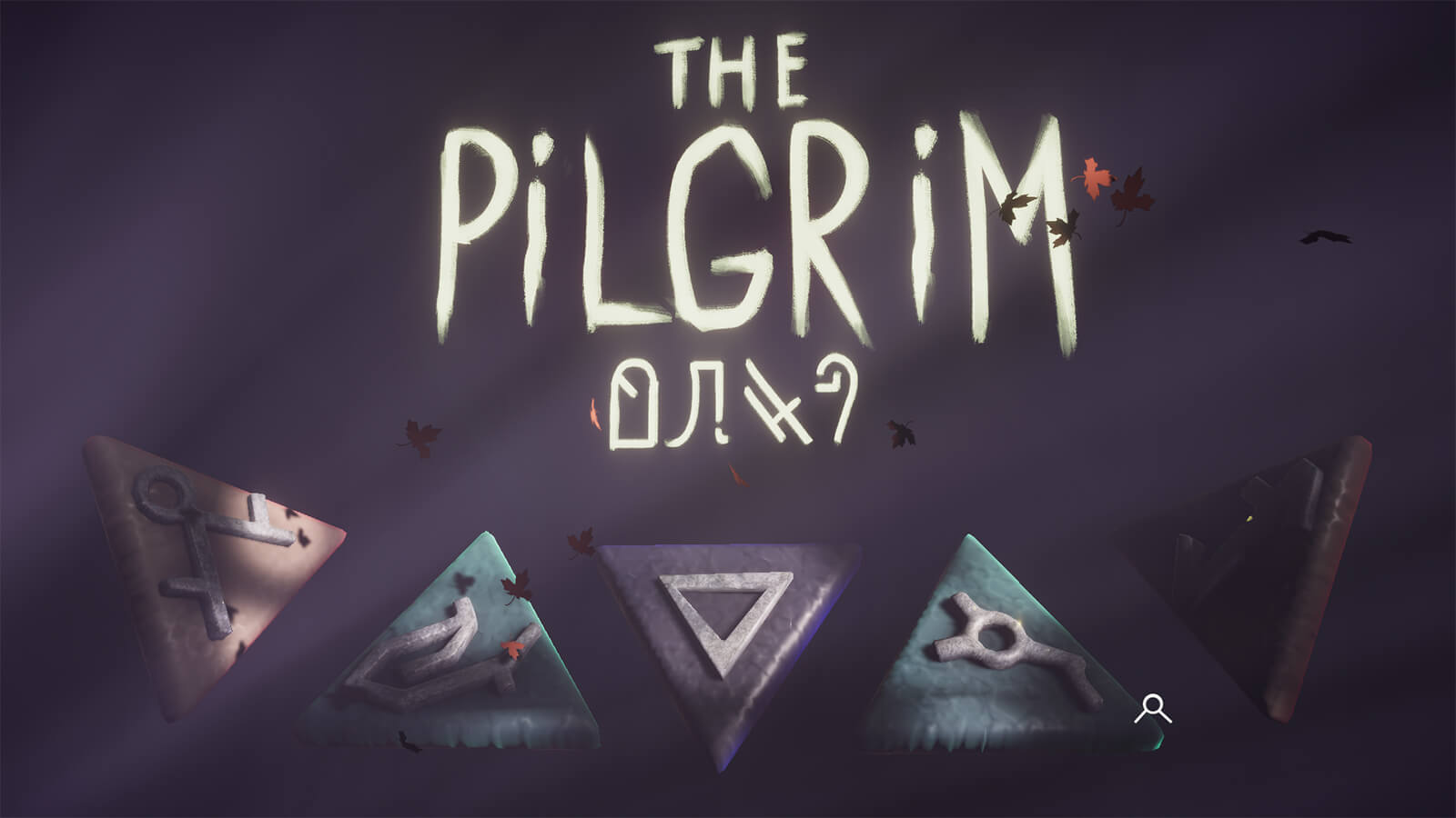 The menu screen for The Pilgrim, featuring many of the game’s runic puzzle symbols embossed on colored triangles. 