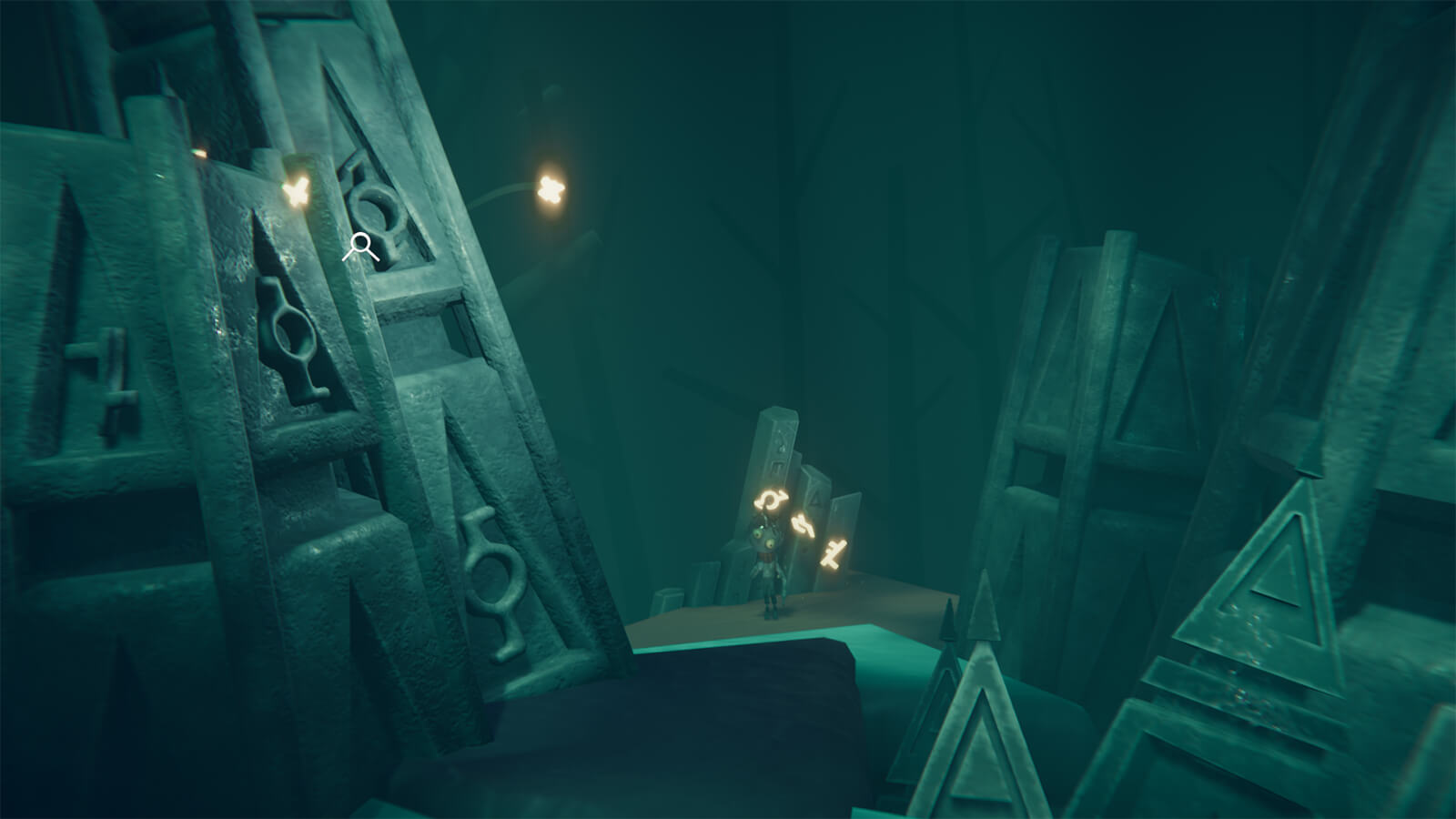 The Pilgrim stands in the background near three glowing floating runes, with giant stone rune slabs in the foreground. 