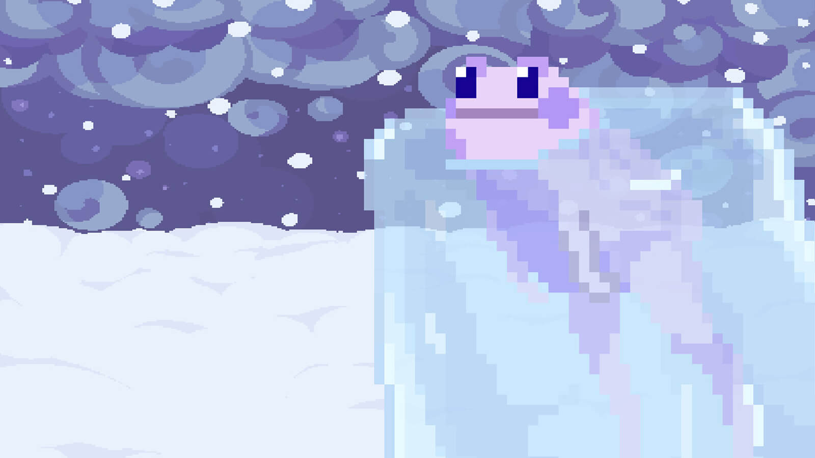 A purple frog partially frozen in ice on a snowy planet.