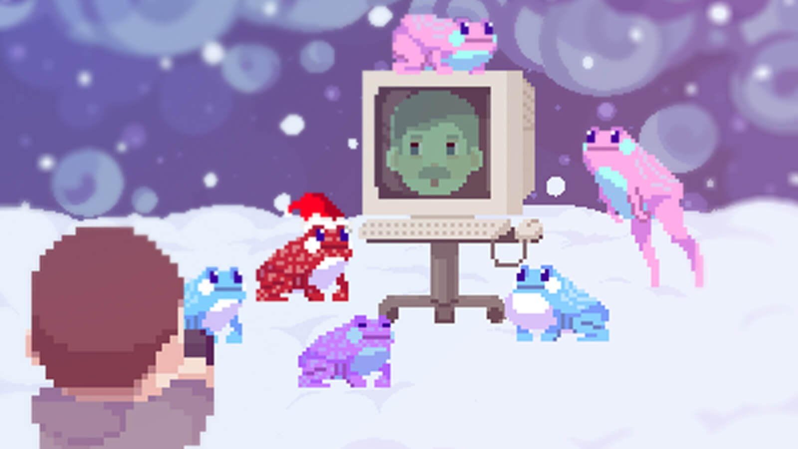 A man shoots a picture of frogs gathered around a computer with a mustached man's face on it in the snow.