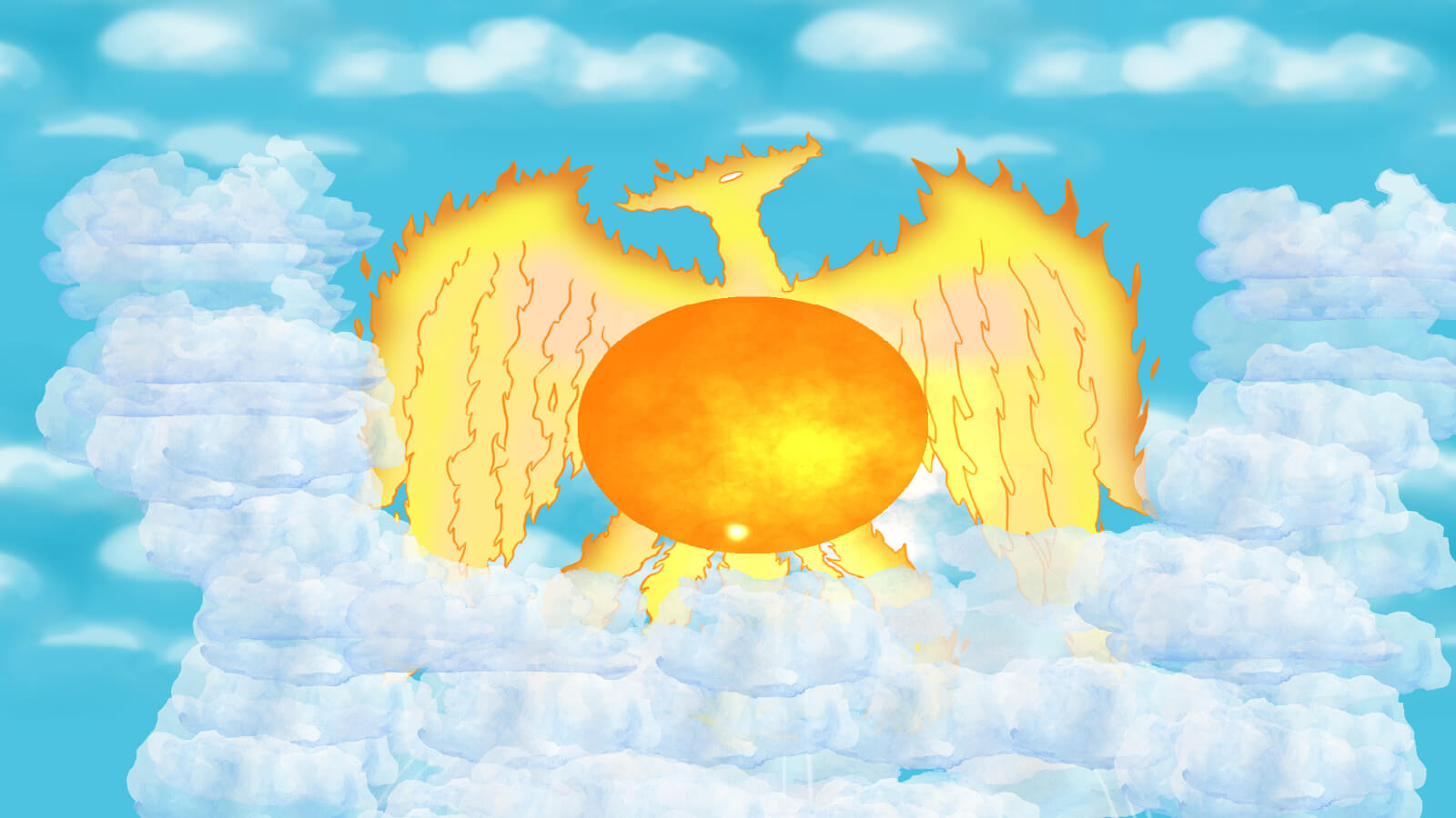 A phoenix in the clouds with a large sun-like orb in front of it.