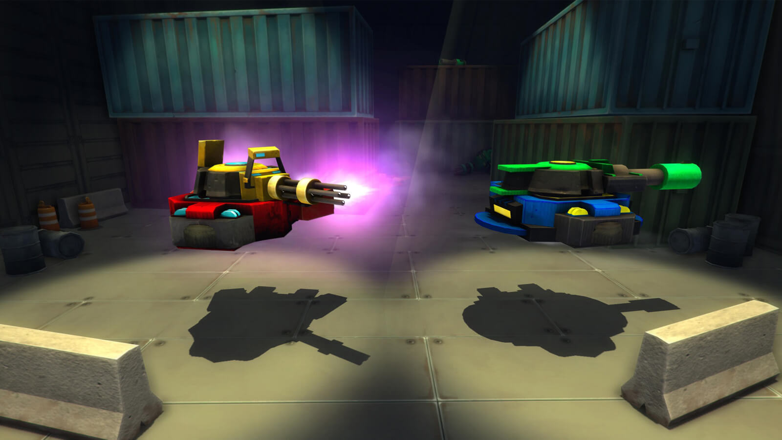 A hover-tank with a yellow machine gun turret and a red base, and another with a green turret and blue base.