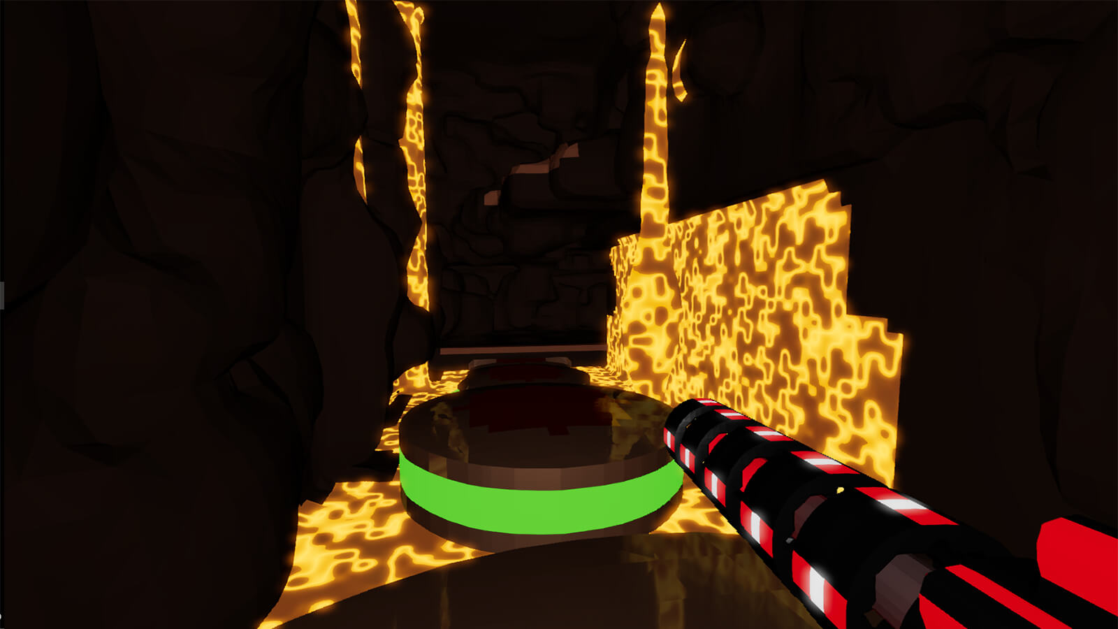 The player holds a long red gun as they navigate a lava-filled pit. 