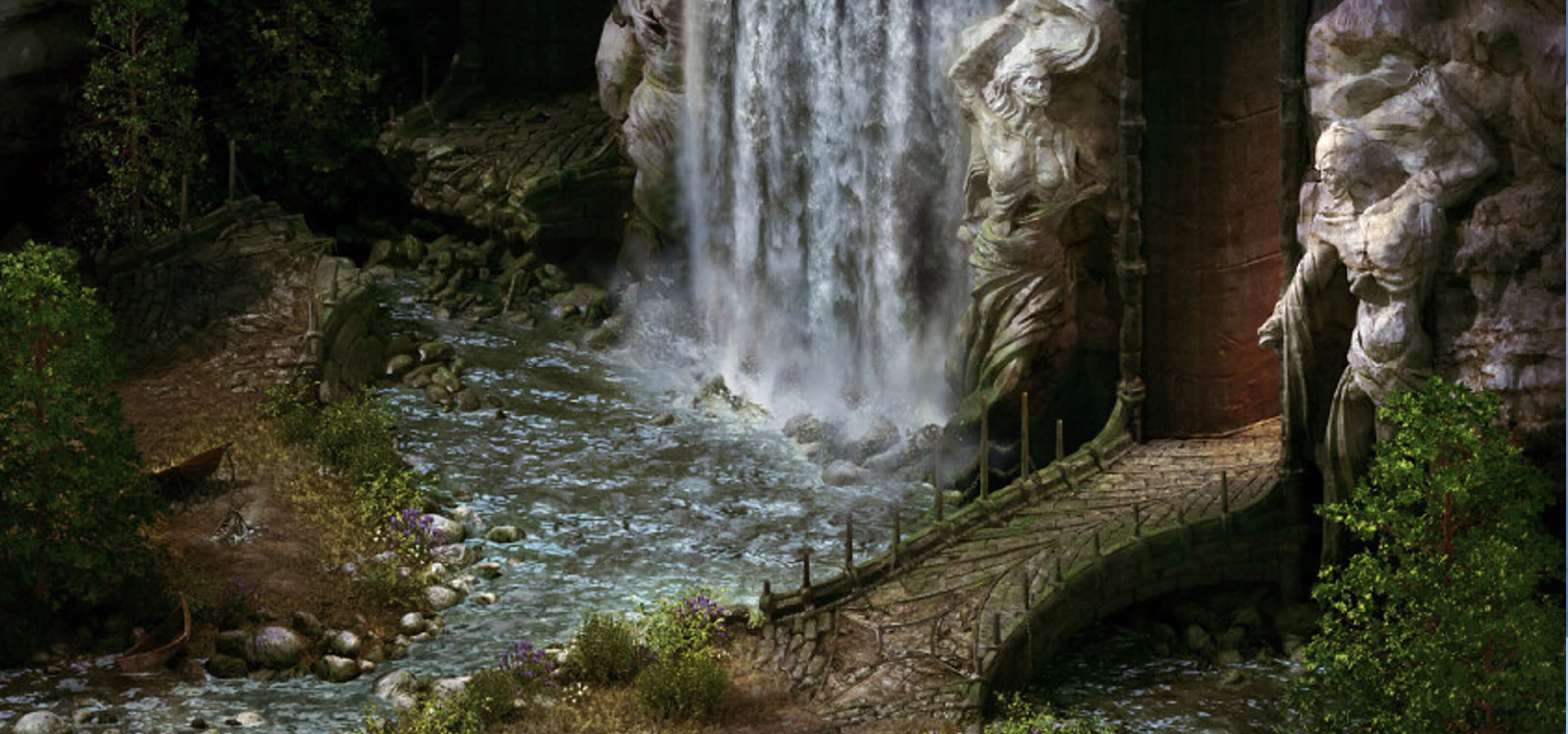 Illustration from Project Eternity of a waterfall and path leading to a massive door in a stone wall
