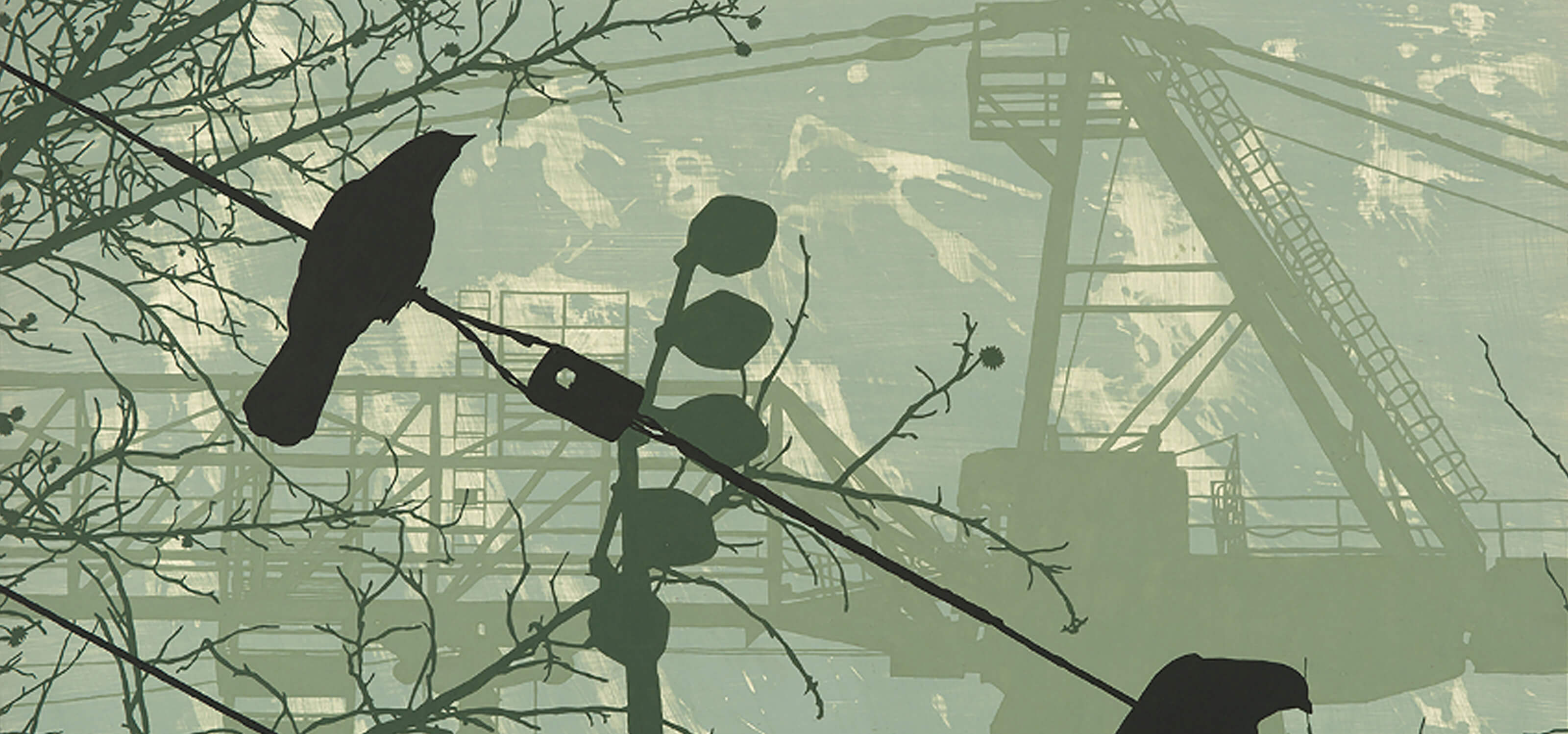 DigiPen MFA student Alex Bennett's painting of crows on a telephone wire with a construction crane in the background