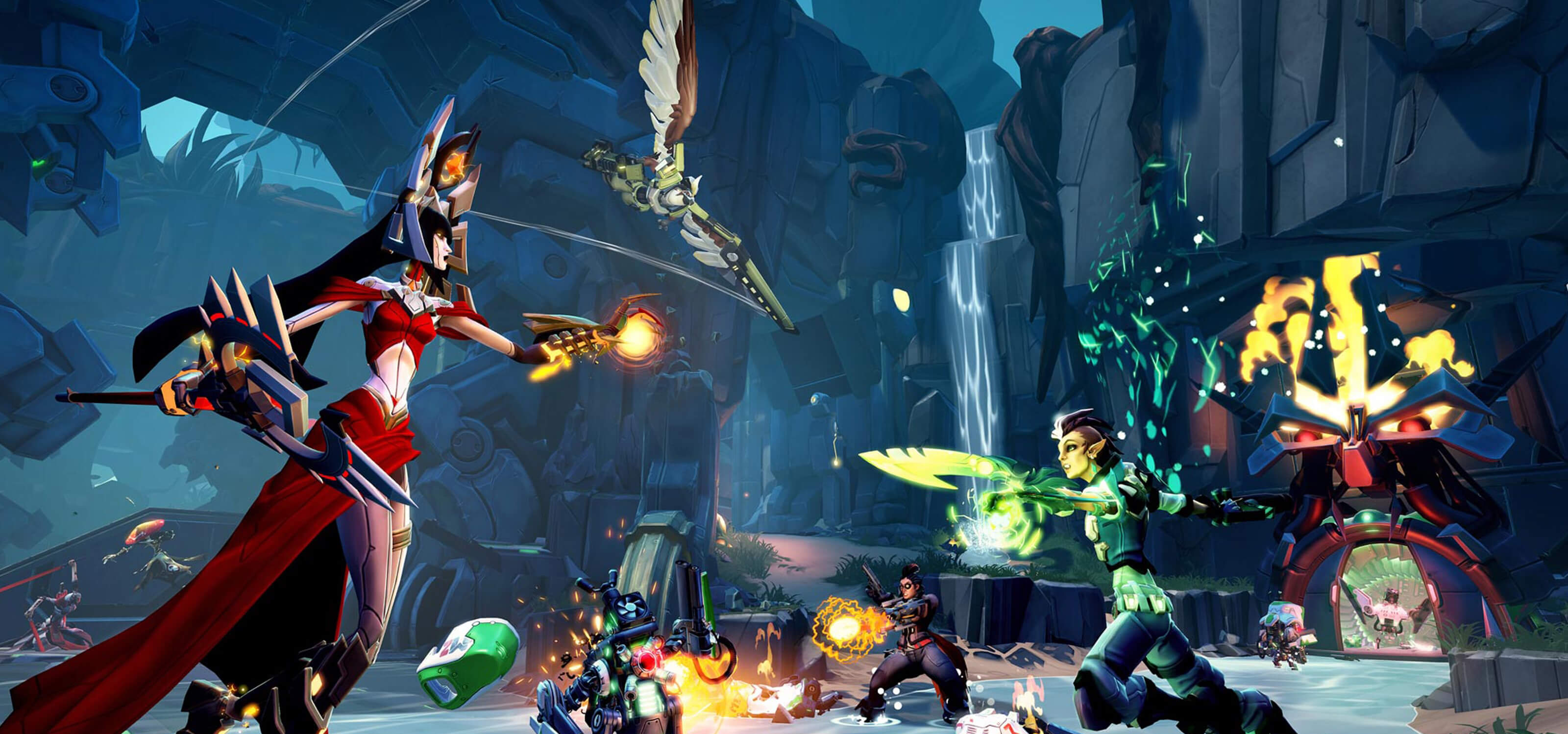 Screenshot of various colorful Battleborn characters competing in a cavern in meltdown mode