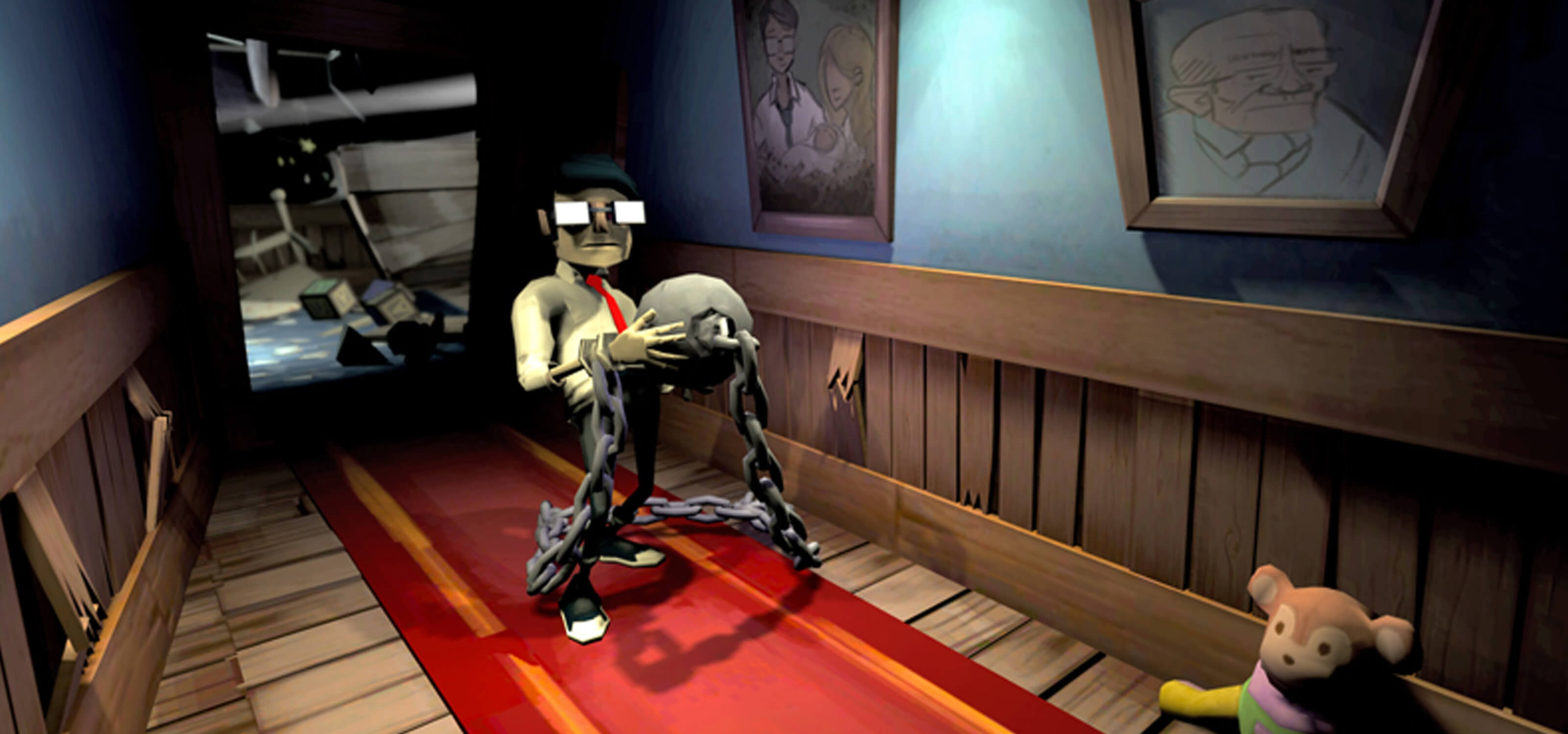 Screenshot from DigiPen student game Chained featuring a young man stumbling down a hallway carrying a ball and chain