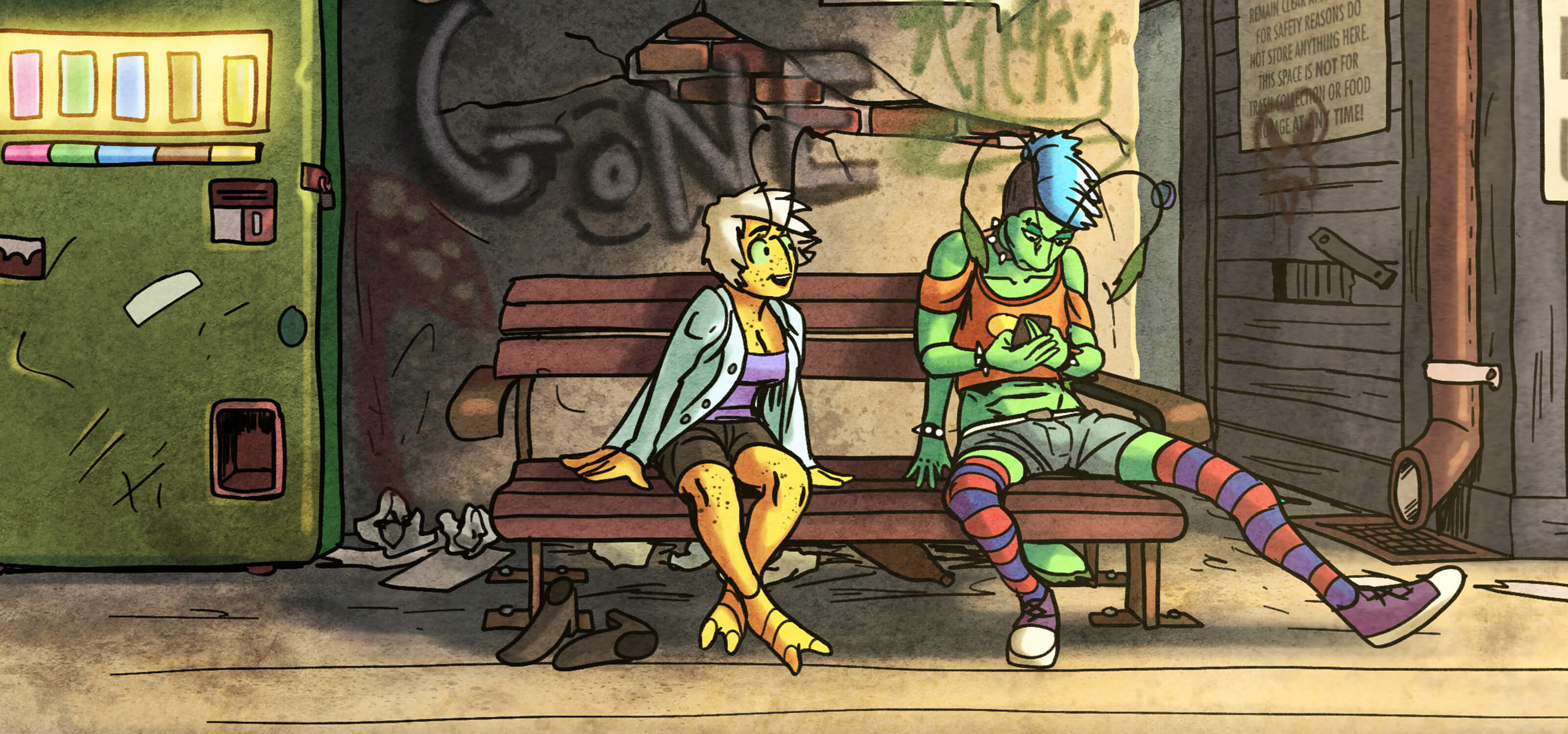 Two bugs from the “Coleary” graphic novel sit next to each other on a city bench.