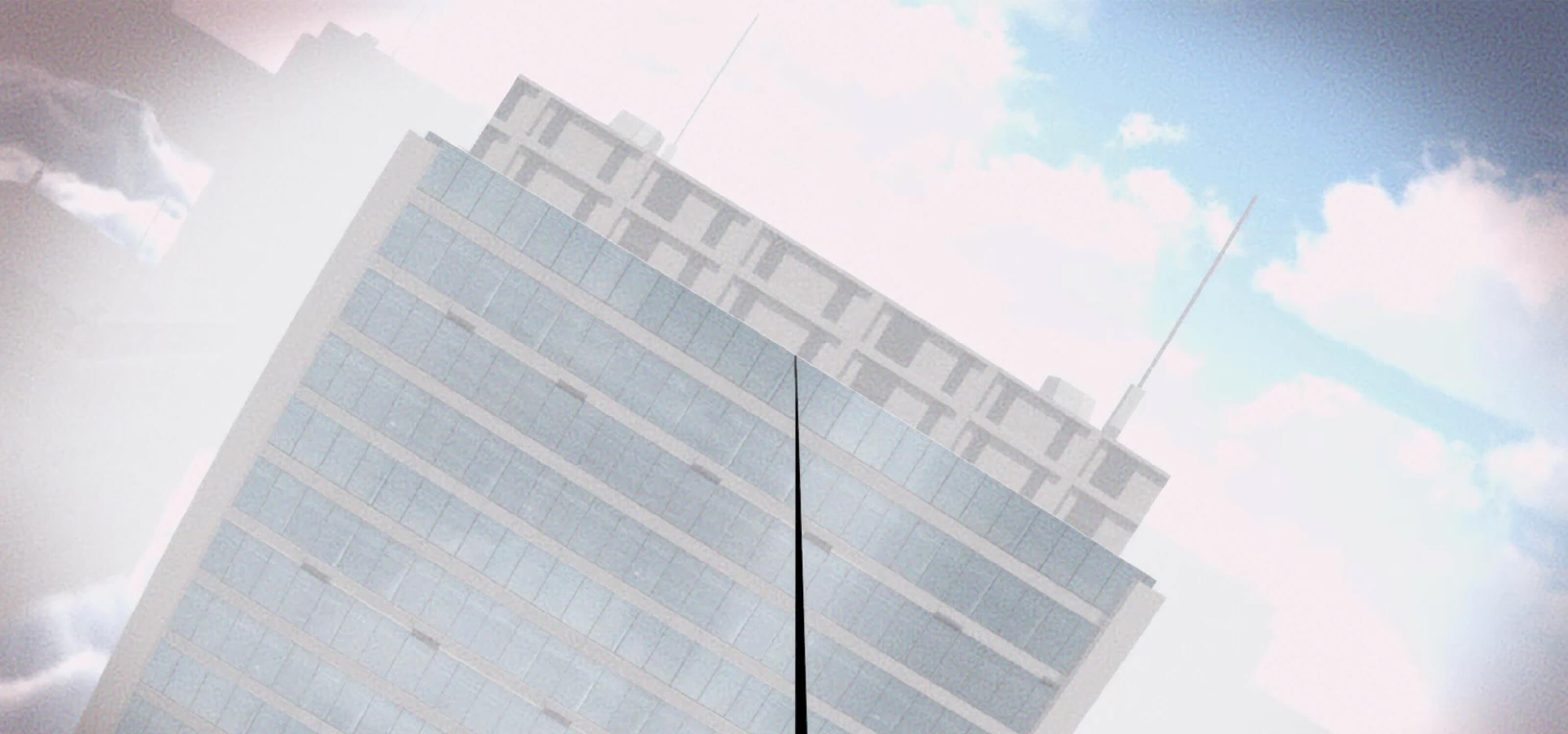 A tilted first-person perspective of someone walking a tightrope to a distant building.