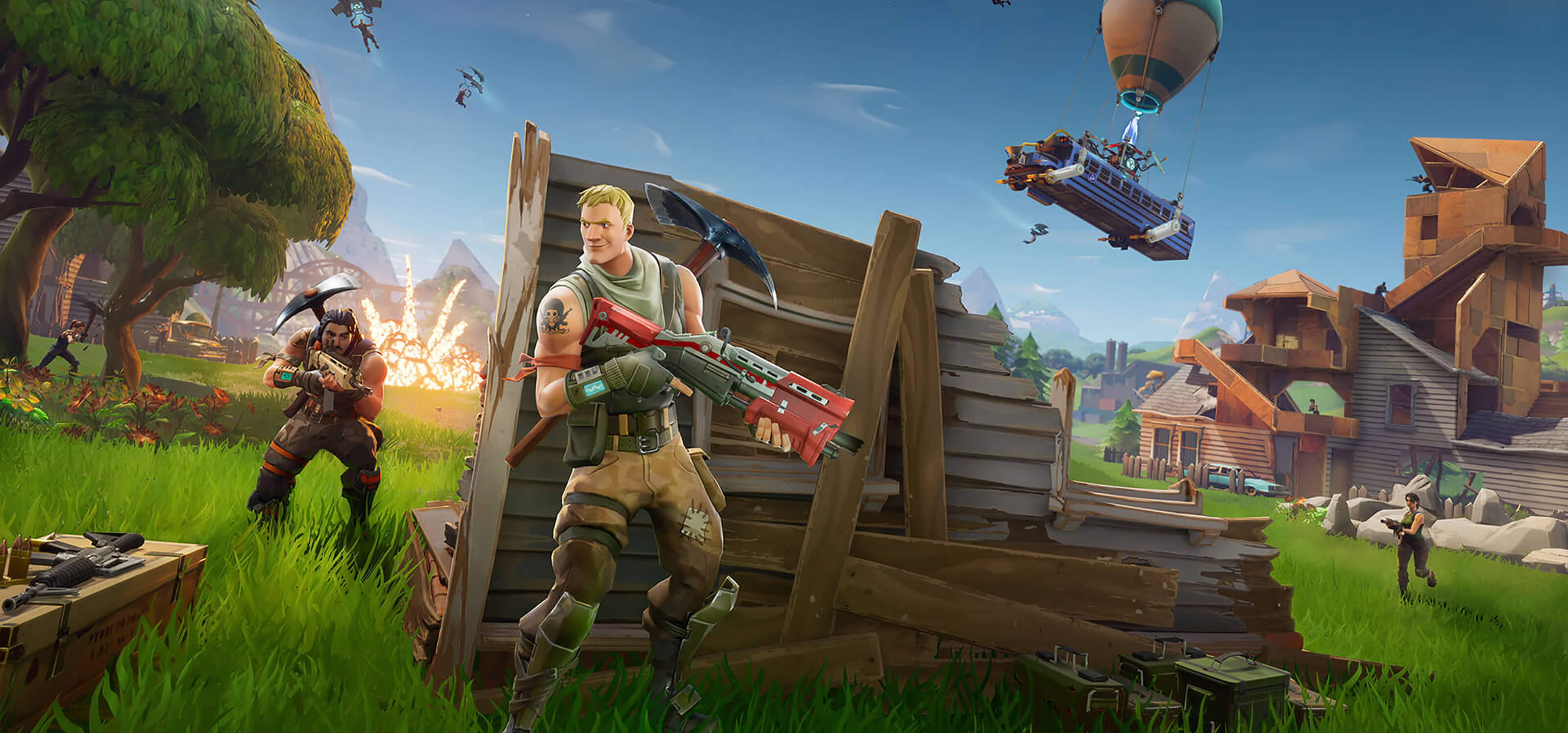 Screenshot from Epic Games' Fortnite featuring a character smiling as he hides behind a wooden barricade
