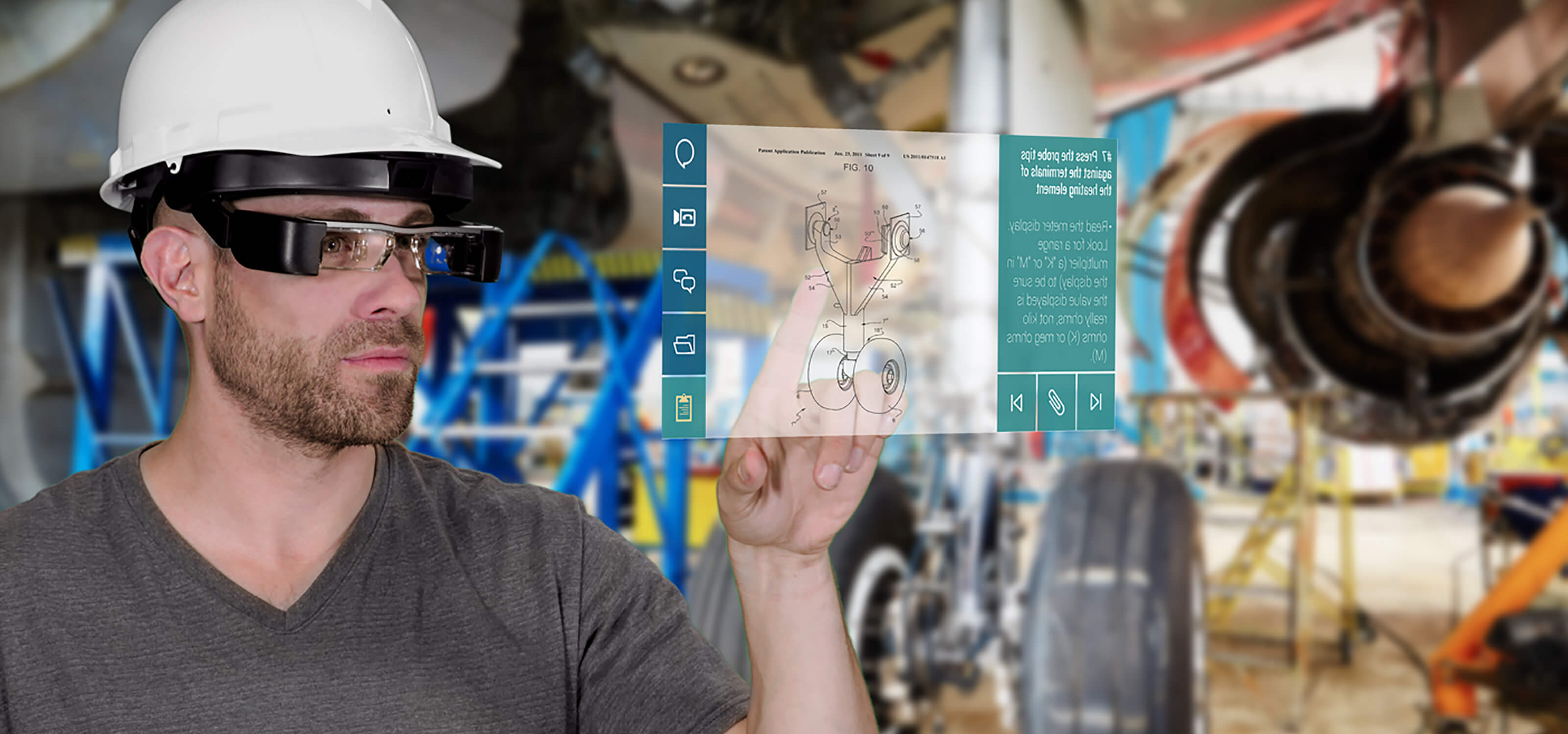 An aerospace engineer wearing a hard hat and Atheer AR's wearable augmented reality glasses interacts with an AR interface displaying schematics of a plane part.