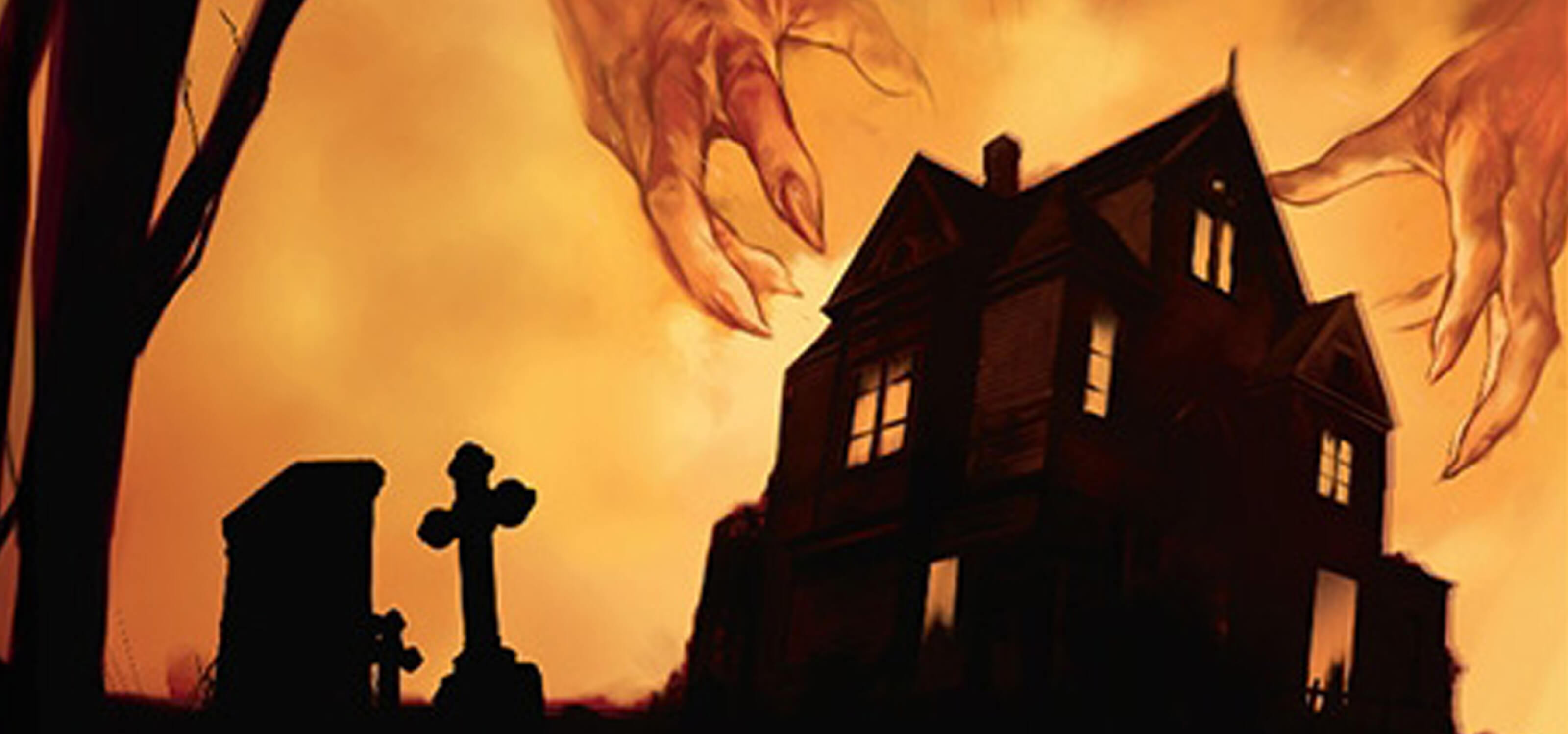 Illustration of a spooky house and giant claw-like hands featured on the box of Betrayal at House on the Hill
