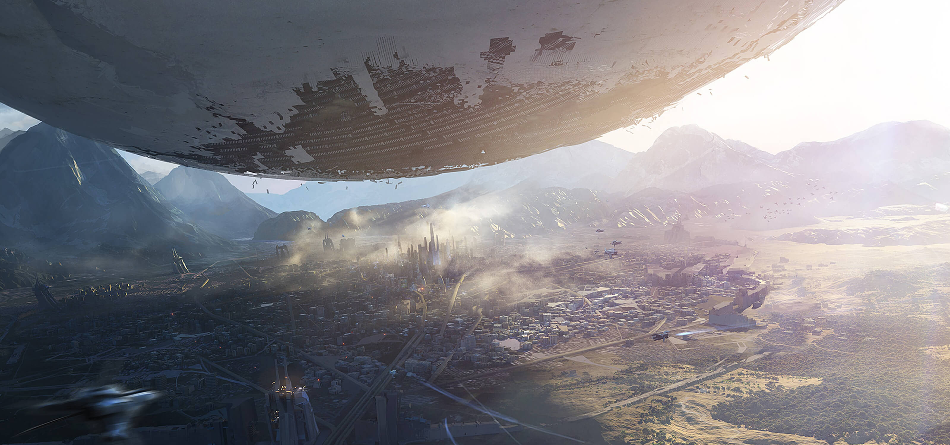 Screenshot from Destiny of an alien spaceship, called the Traveler, hovering over the last city