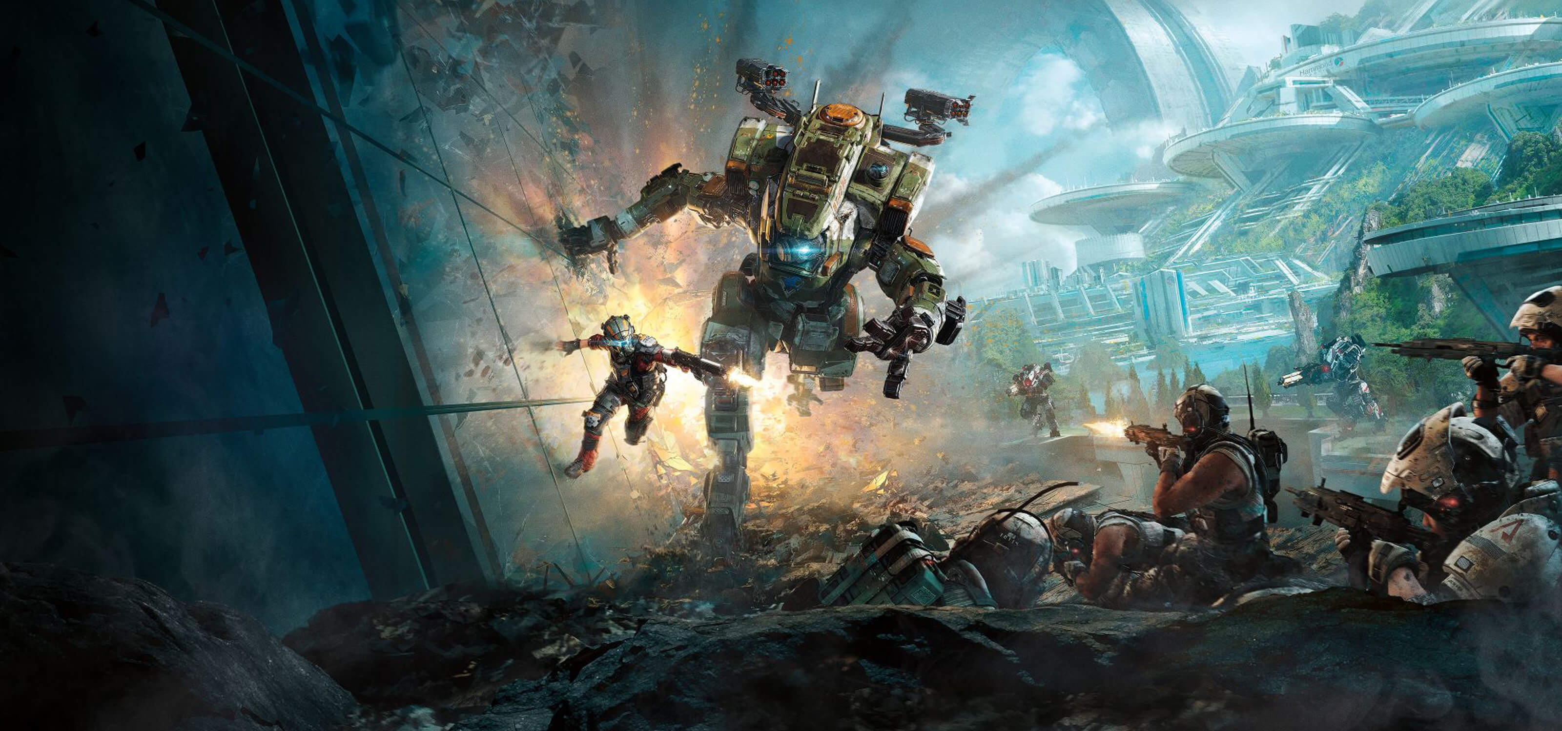 Screenshot from Titanfall 2 of a Titan, a huge robot-like exoskeleton containing a pilot, chasing a man in a futuristic city