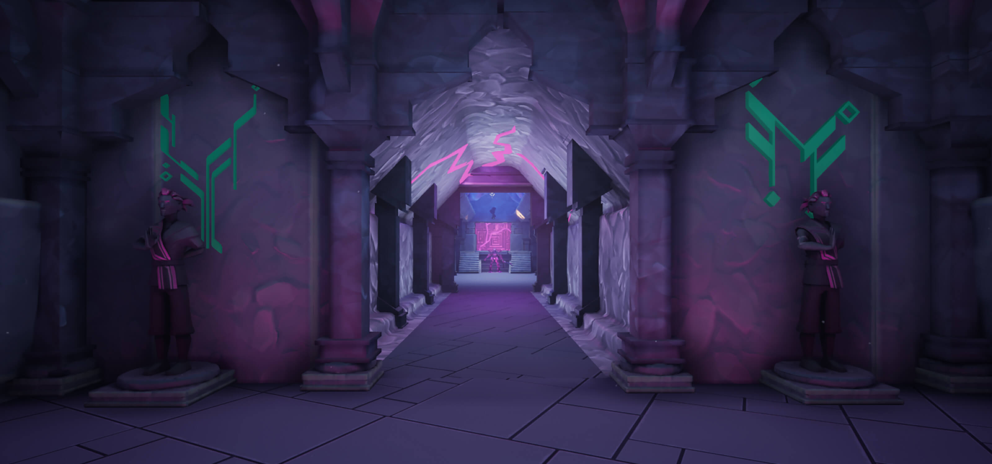 Game screenshot showing stone ruins and an empty hallway