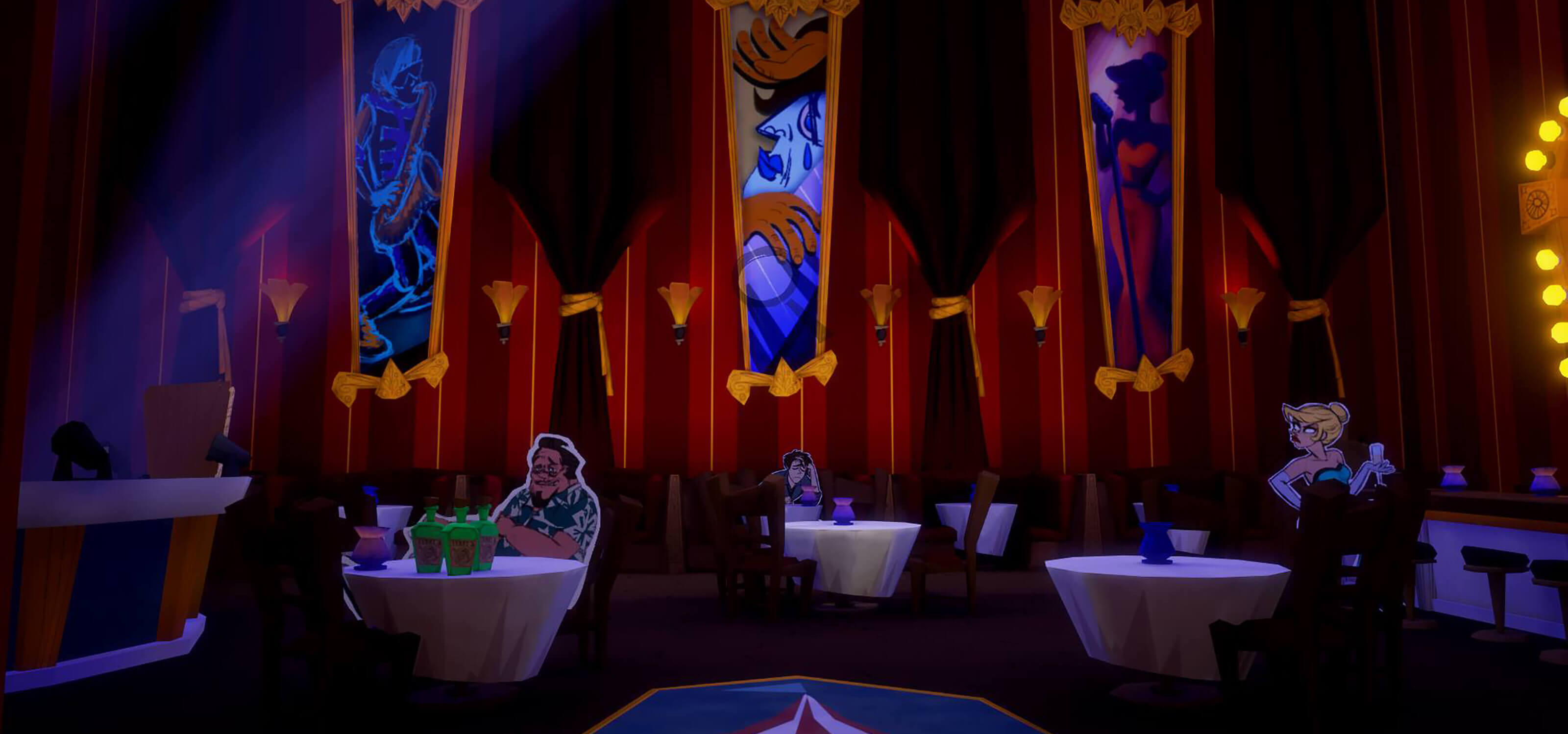 Screenshot from Penny Blue Finds a Clue featuring characters Terry Crisp, Zeke Spade, and Miss Betty in a large banquet hall 